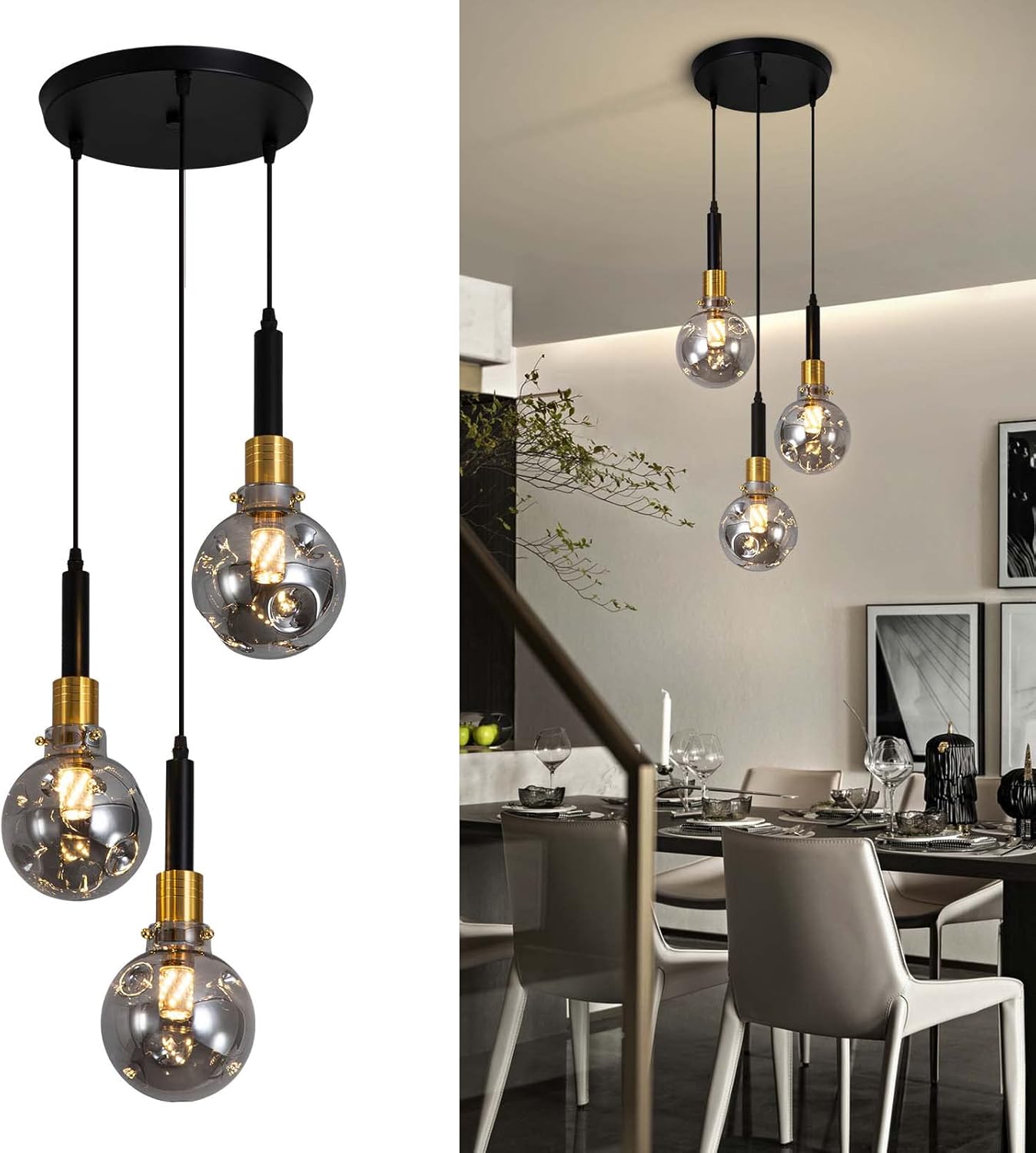 Vintage 3-Light Pendant Light, Modern Adjustable Hanging Light Fixture with Smoke Grey Glass Shade, E26 Base, Farmhouse Pendant Lamp for Kitchen Dining Room, Black and Gold