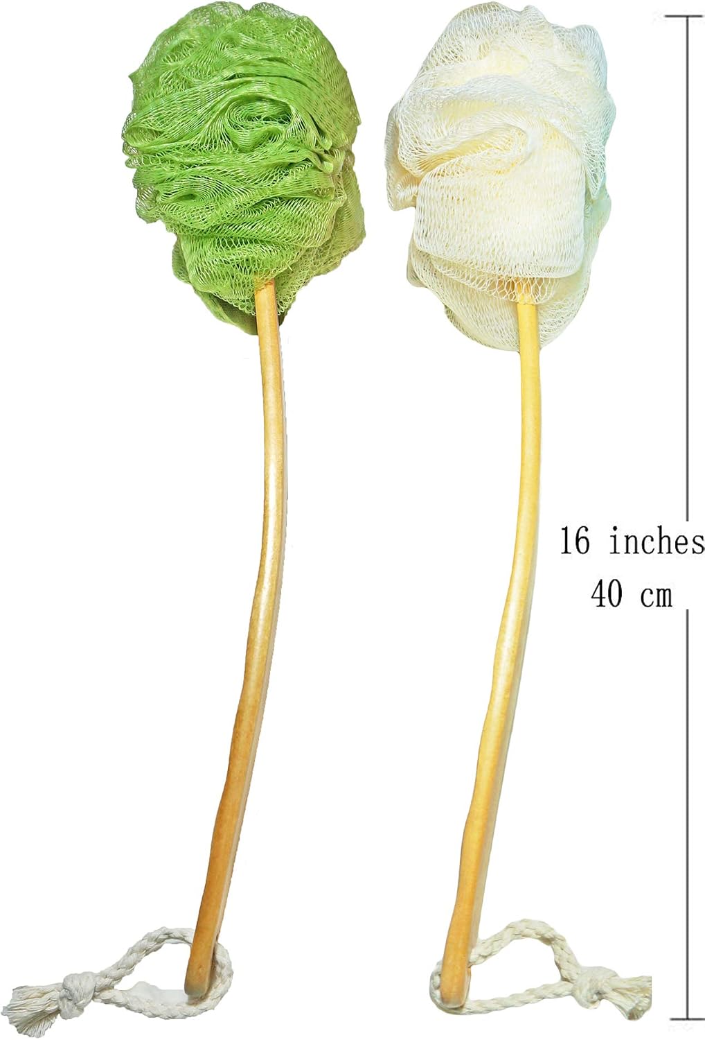 Shower Loofah Body & Back Scrubber - Exfoliating Loofah Bath Brush On a Stick - with Long Wooden Handle Back Brush for Men & Women - Easy Reach Body Wash & Lotion Applicator（ 2 Pack- White&Green）
