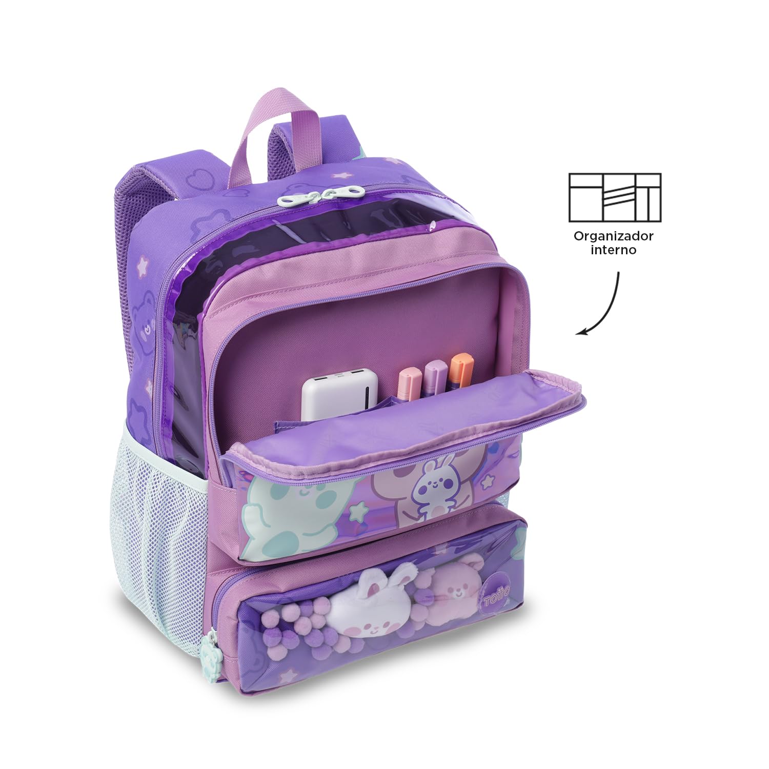 TOTTO - Mochila Escolar, Modelo Friends Party M, Mochila Mediana, Capacidad 18L, 2 Compartimentos Delanteros, Bolsillos Botella, Organizador Interno, Correas Acolchadas, Resistente, Estampado Morado