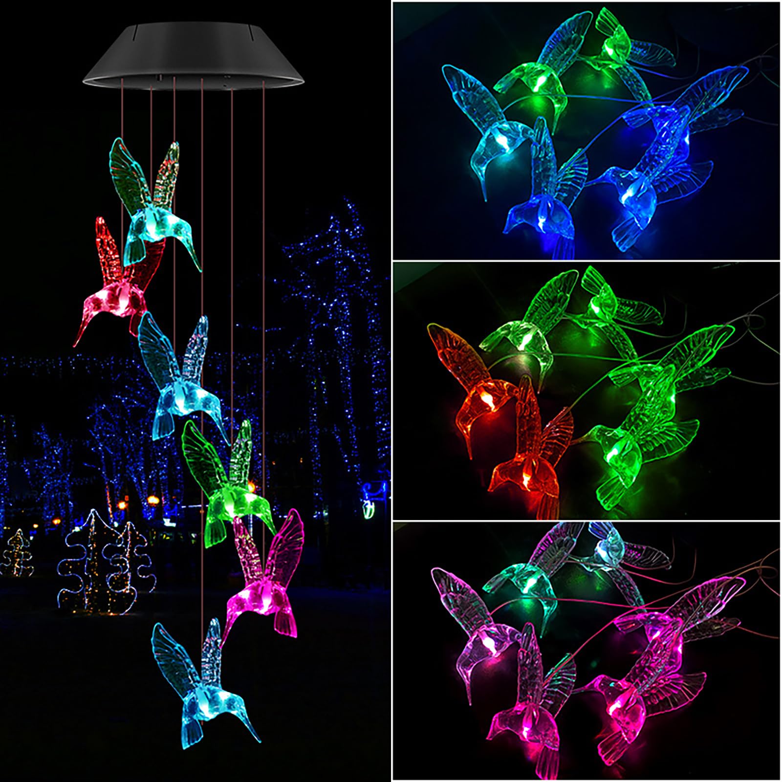 LED Colorful Solar Wind Chime Light Solar Outdoor Hanging Wind Chime Garden Light Romantic Decoration Suitable For Courtyard Pavilion Aisle Camping Party Home Decoration（Transparent Hummingbird）