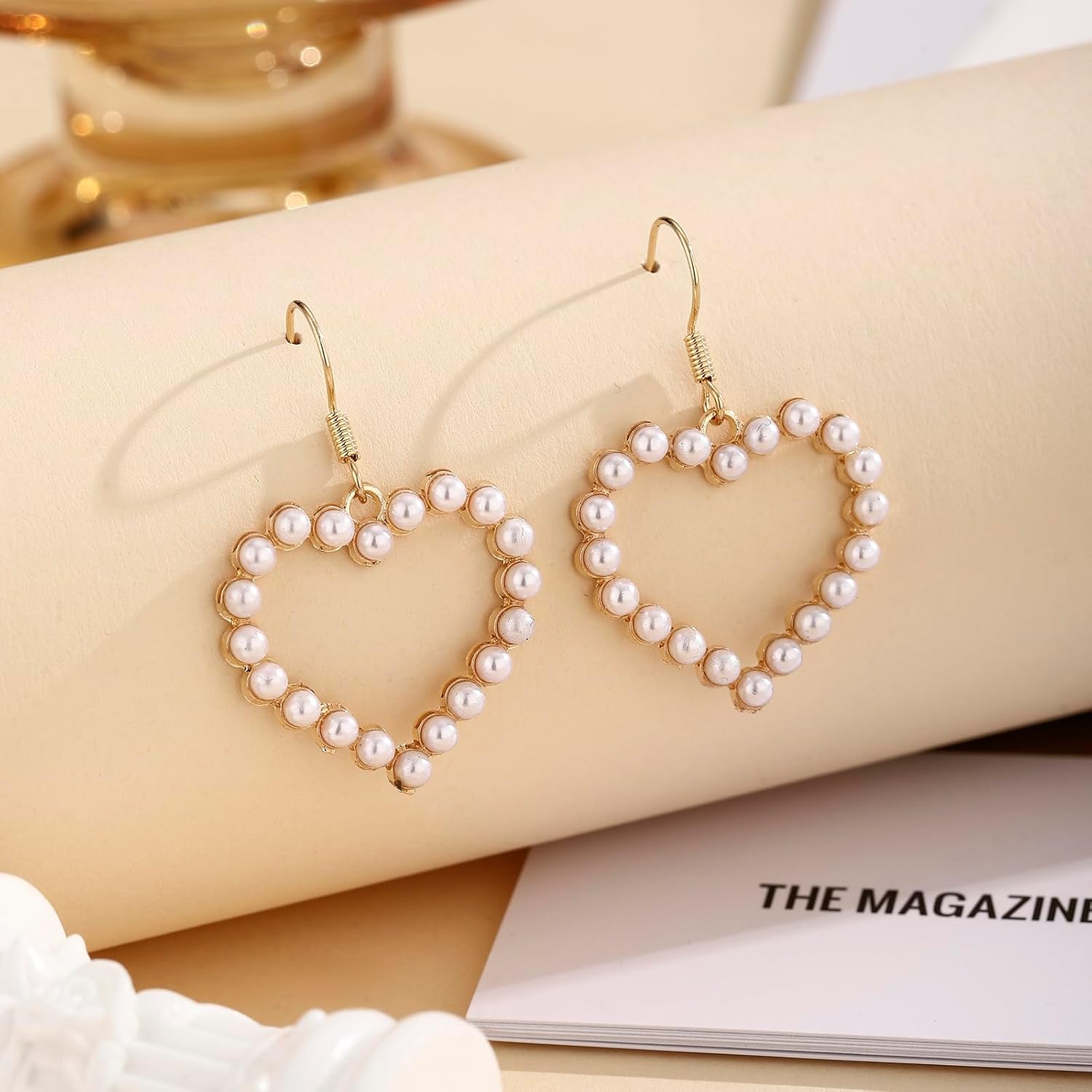 14K Gold Plated Pearl Heart Dangle Hook Earrings for Women, Hypoallergenic Hollow Heart Drop Earrings, Sweetheart Everyday Jewelry, Gift for Valentines Day Christmas Mothers Day - Image 5