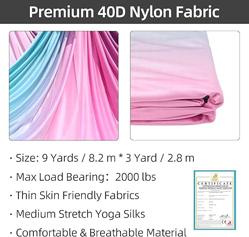 Miniatura 40 de PRIOR FITNESS Kit de seda aérea, colorido juego de hamaca de tela de nailon 40D de 9/15/20 yardas con herramientas y guía para todos los niveles