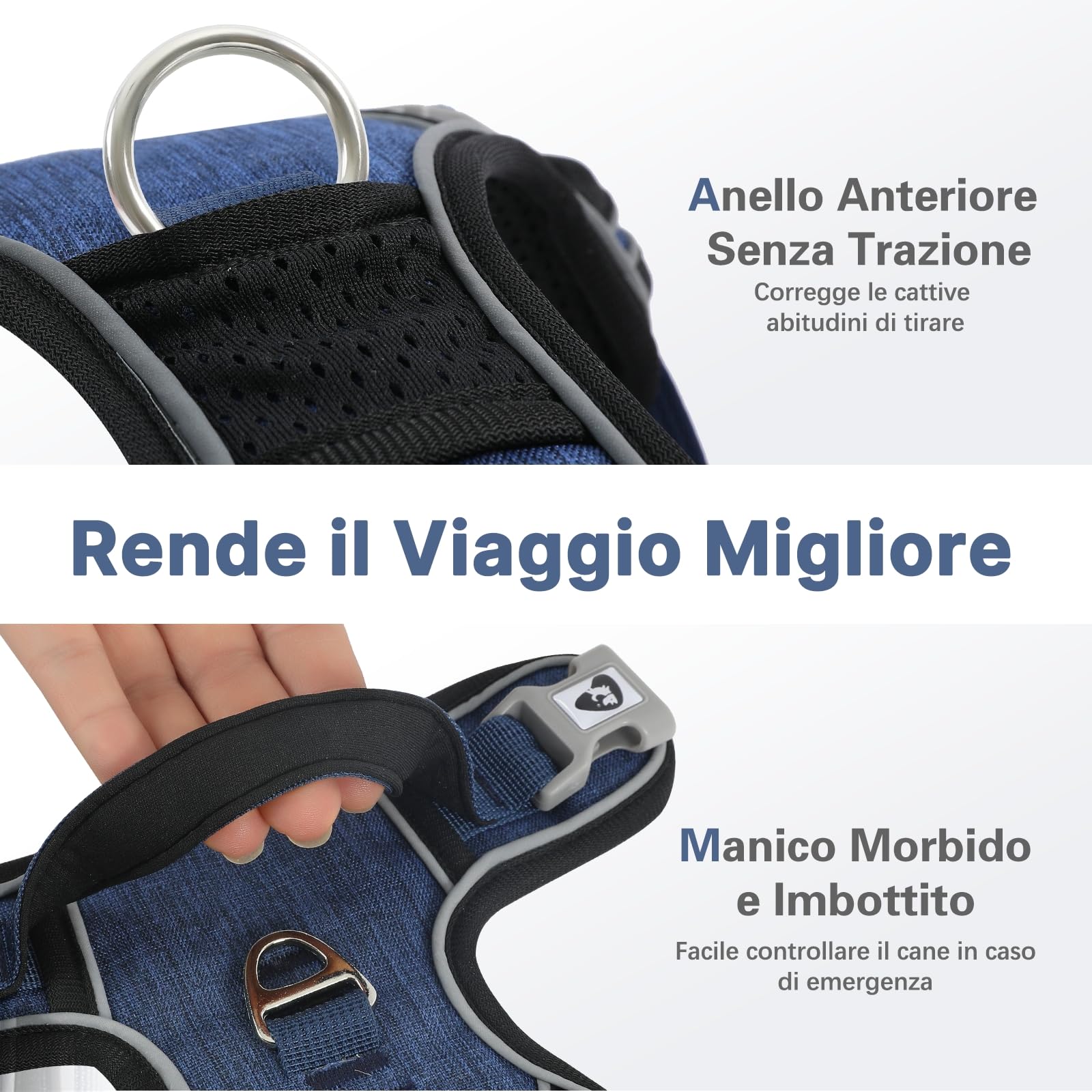 COMSLE Pettorina Cane Taglia Grande Media Piccola, Pettorina Cane ad h Riflettente, Pettorina Anti Tiro per Cani Regolabile con Doppio Anello, Imbracatura Cani Traspirante, Blu Scuro, M