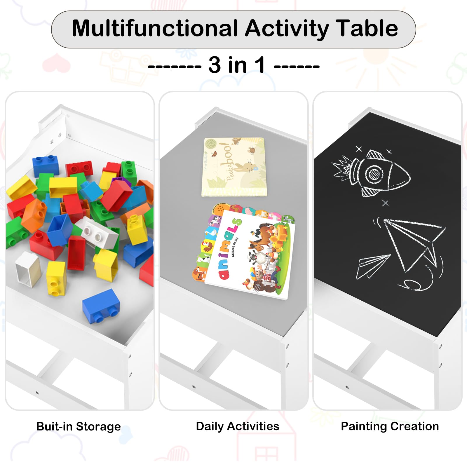 TODEFULL Kids Table and 2 Chairs Set, 3 in 1 Wooden Activity Table W/Storage Drawers, 2 in 1 Detachable Tabletop, Storage Space, Play Table Set for Toddlers Arts, Crafts, Drawing, Reading, Gray