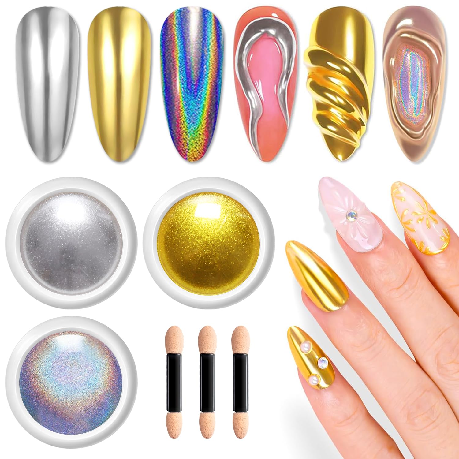 Silver Holo Chrome Nail Powder, LEDSUUEI Metal Gold Nail Chrome Powders