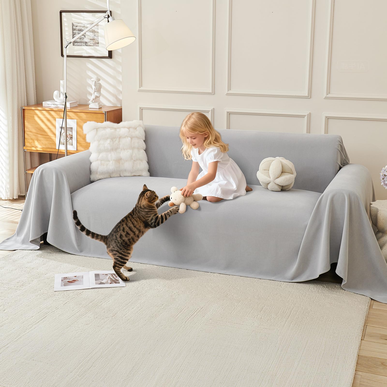 Royhom Sofa Überzug, Chenille Couch Überzug Ecksofa, Sofabezug L Form, Sofa Schutzdecke, Sofahusse mit Armlehne, Sofaüberwurf Decke Weich und Bequem, Hellgrau, 300x180 cm