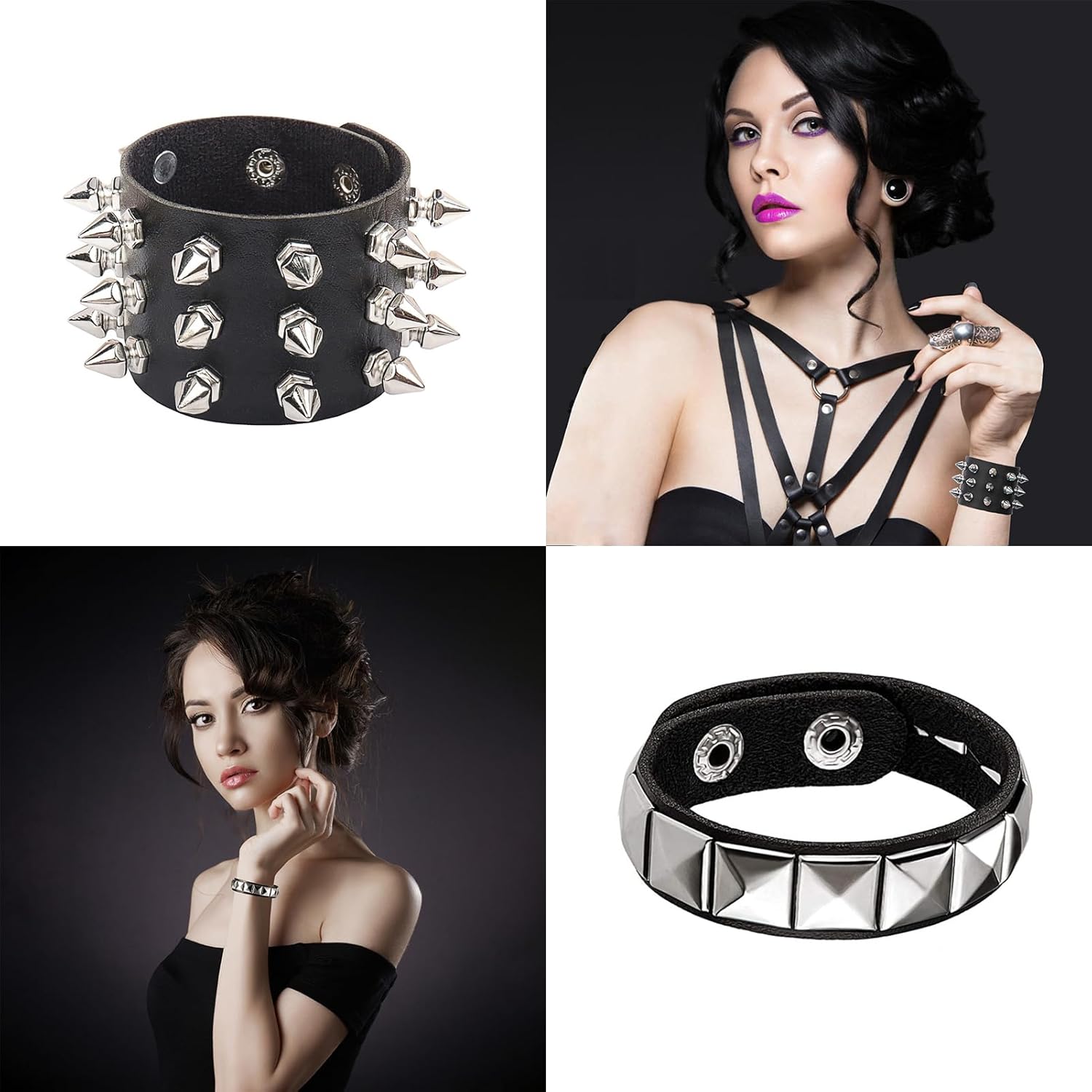 6Pcs Punk Goth PU Leather Bracelet Studded Spike Rivet Buckle Wristband Cuff Bangle Black Gothic Steampunk for Men Women Unisex 80s Cool Rock Style Party Favors Jewelry Cosplay Night Club Sexy Gift Halloween Christmas Accessories - Image 2