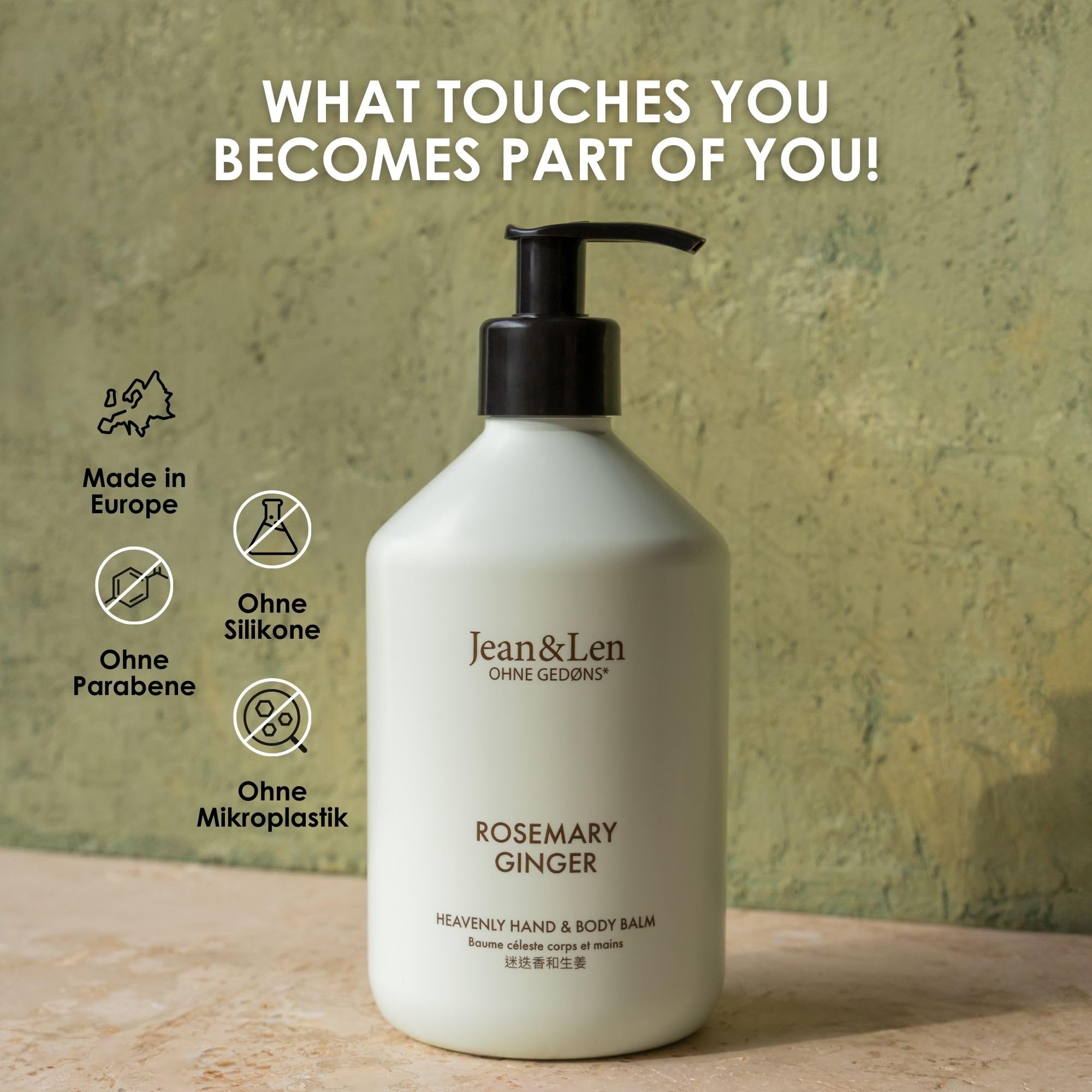 Jean & Len Heavenly Hand- & Body Balm Rosemary & Ginger, für ein duftendes Pflegeerlebnis, mit Bio-Arganöl und Sheabutter, Hochwertige Flasche, ohne Parabene & Silikone, 500 ml (Packung mit 4)
