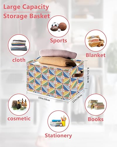 Miniatura 2 de Blue Teal Yellow Plaid Storage Basket for Organizing Shelves, Collapsible Storage Bins Boxes with Handle, Modern Red Geometric Checkered Art Canvas