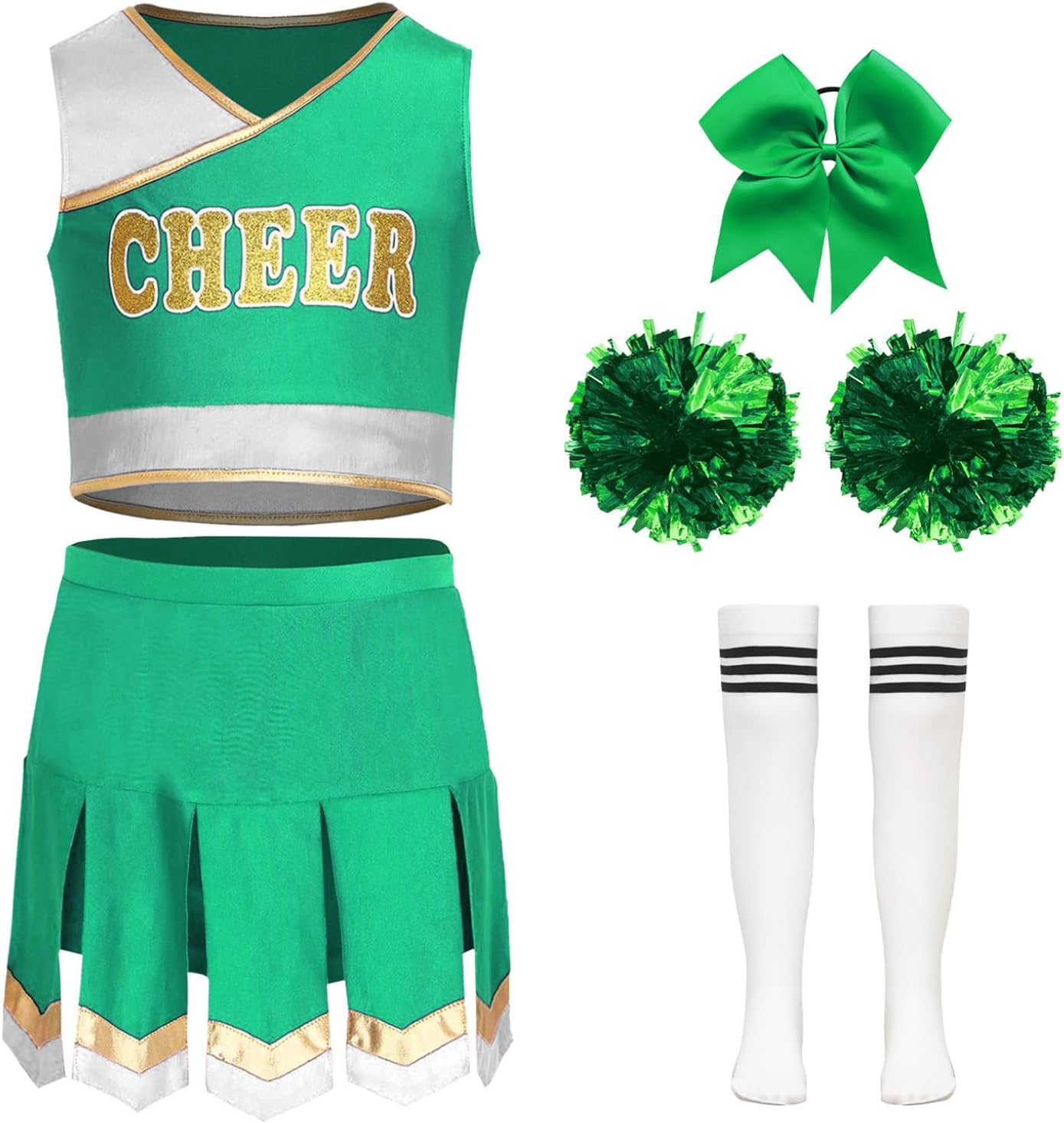 Hansber Girls Cheerleading Uniform Sleeveless Crop Top and Pleated Skirt with Accessories for Sports Events