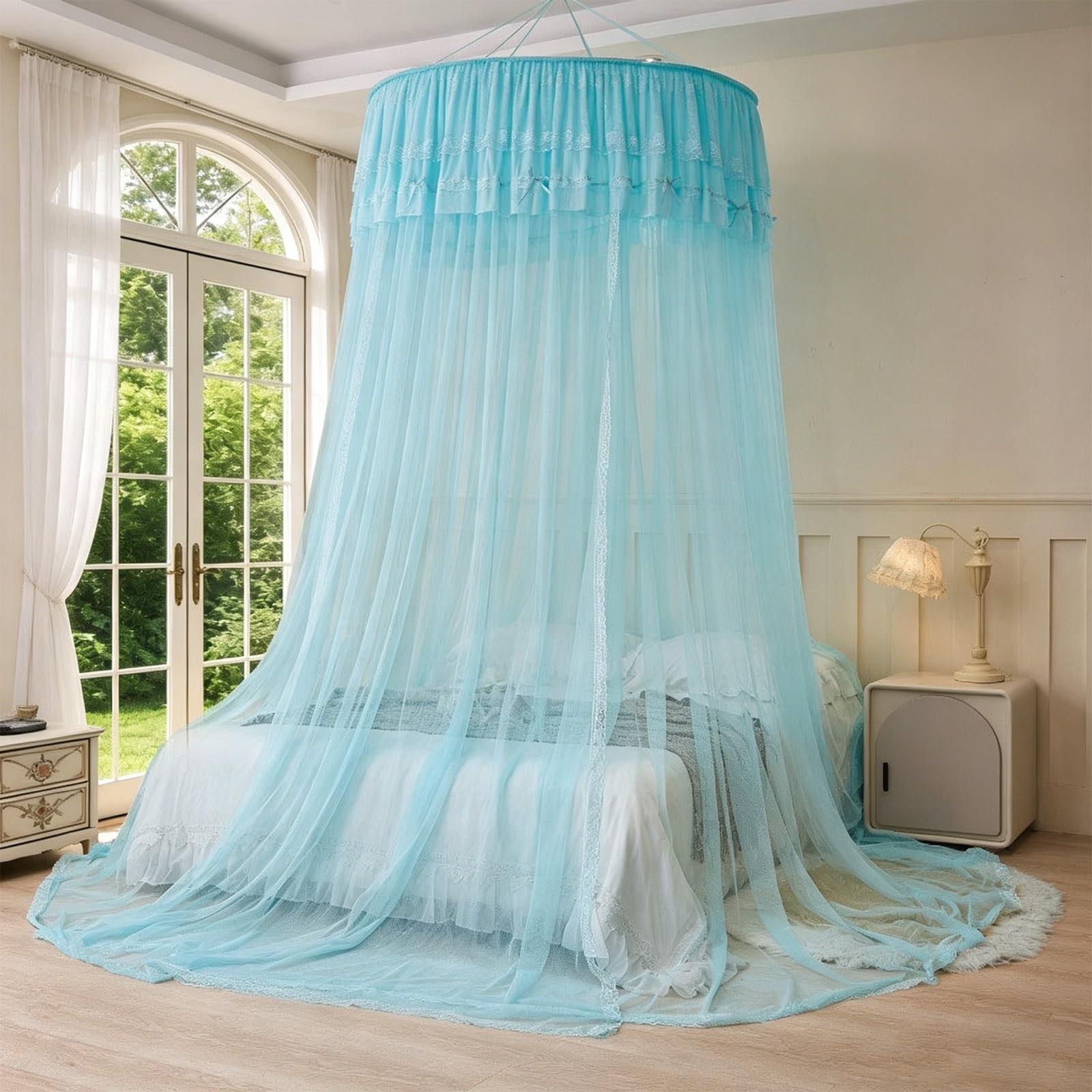 SARKEY Prinzessinnen Betthimmel,Atmungsaktives Mesh Zelt Bett Vorhang,Runde Kuppelspitze,Feines Durchsichtiges Netz,Erwachsene,Hochzeit,Schlafzimmer Dekoration(Light Blue)