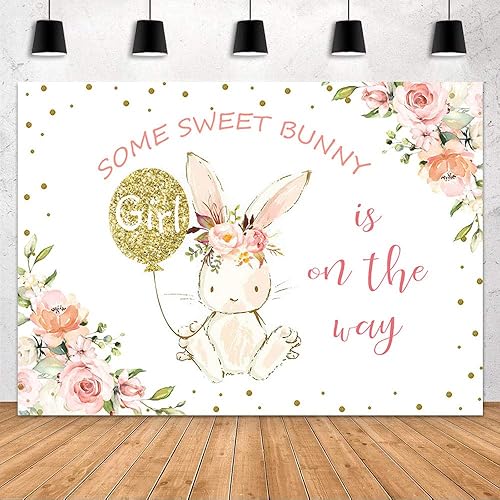 MEHOFOND Conejita niña Baby Shower telón de fondo decoración de fiesta, algunos dulces conejitos están en el camino, color agua, rosa, flores