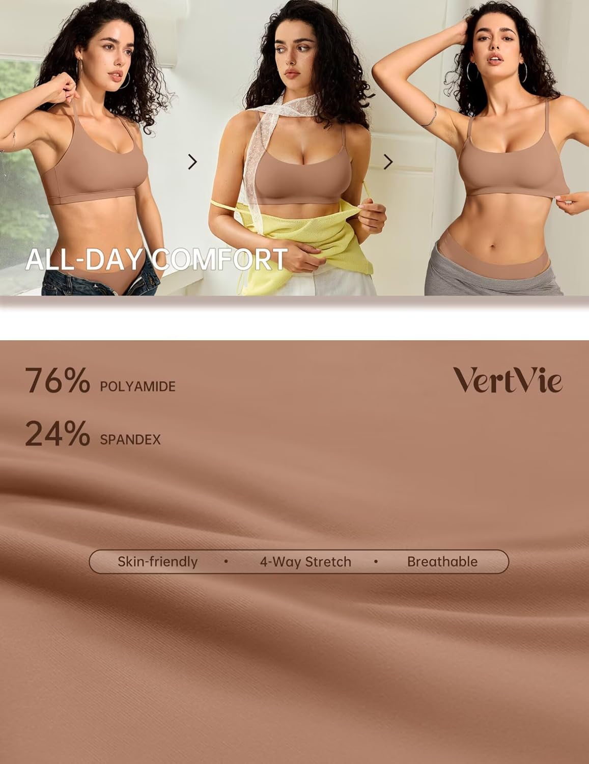 Vertvie Womens Wireless Bralettes Cami Bras Unlined Seamless No Underwire No Padding Scoop Neck Comfort T Shirt & Sports Bra - Image 7