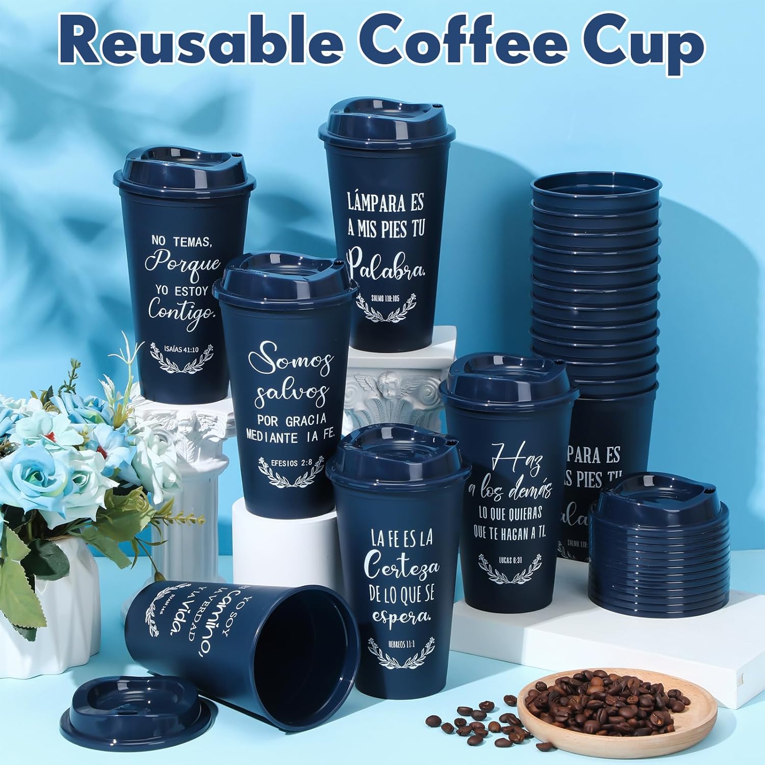 Zhehao Spanish Bible Verse Tumblers Bulk, 16 oz Reusable Christian Cups with Lids, Plastic Coffee Cups for Church Events, Bible Study, Sunday School, Teacher Appreciation(Midnight Blue,48)