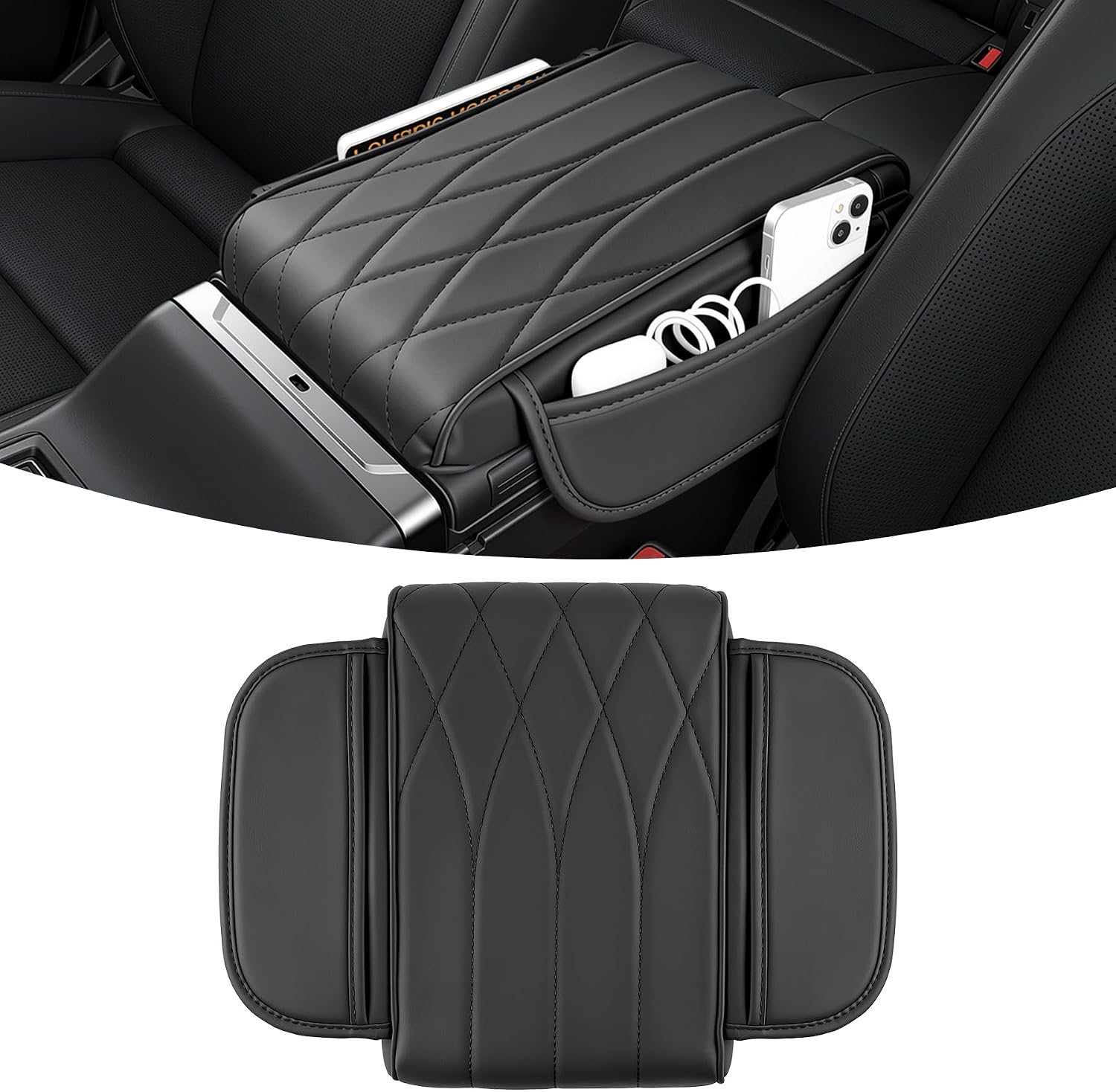 SINGARO Car Center Console Cover Pad, Universal Leather Waterproof Thick Arm Rest Cover for Car with 2 Storage Bags, Car Interior Accessories for Most Vehicles, Cars, SUVs, Trucks (Grey)