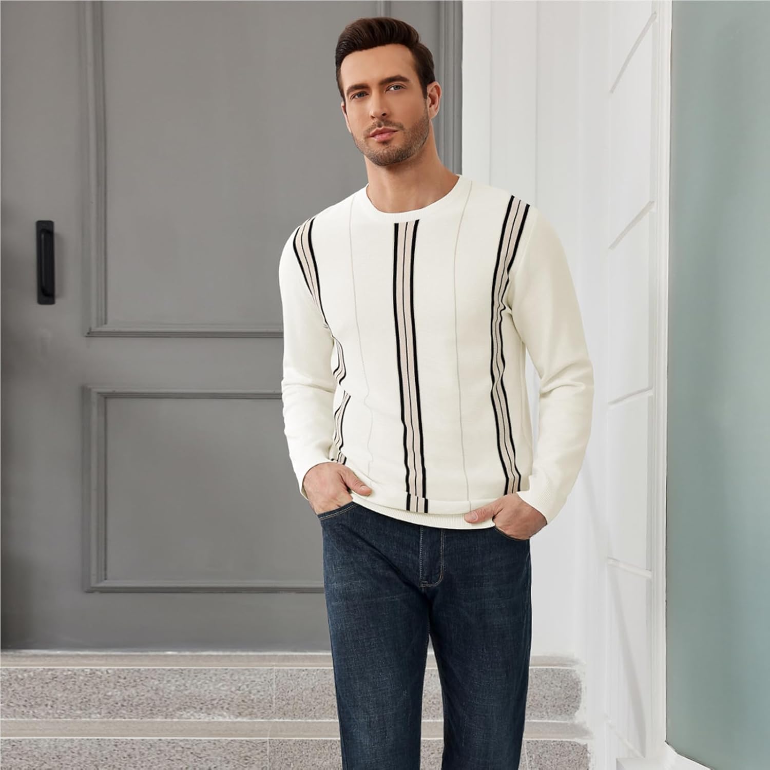 Uni Clau Men's Crew Neck Sweaters Long Sleeve Striped Knitted Pullover Casual Sweaters with Ribbing Edge - Image 4