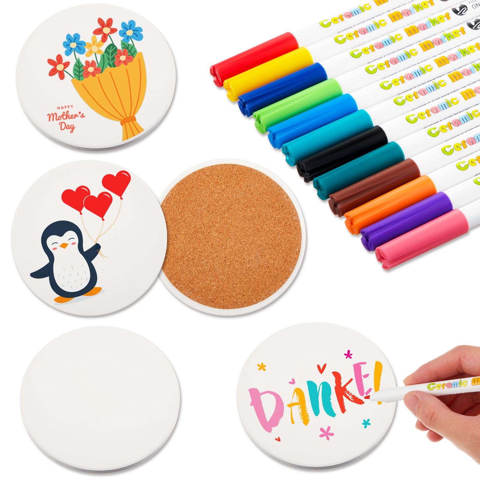 Geiserailie Juego de Posavasos de Cerámica de Bricolaje Incluye 4 Posavasos Cerámica Blanca con Almohadilla y 12 Rotuladores de Porcelana de Diferente Colores para Pintar Hacer Manualidades(Redondo)