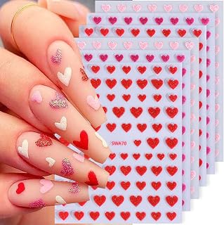 6 Sheets Heart Nail Art Stickers Heart Love Nail Decals 3D Self-Adhesive Red Pink Heart Nail Sticker Valentine's Day Nail Art Decoration Accessories for Women and Girls DIY Manicure
