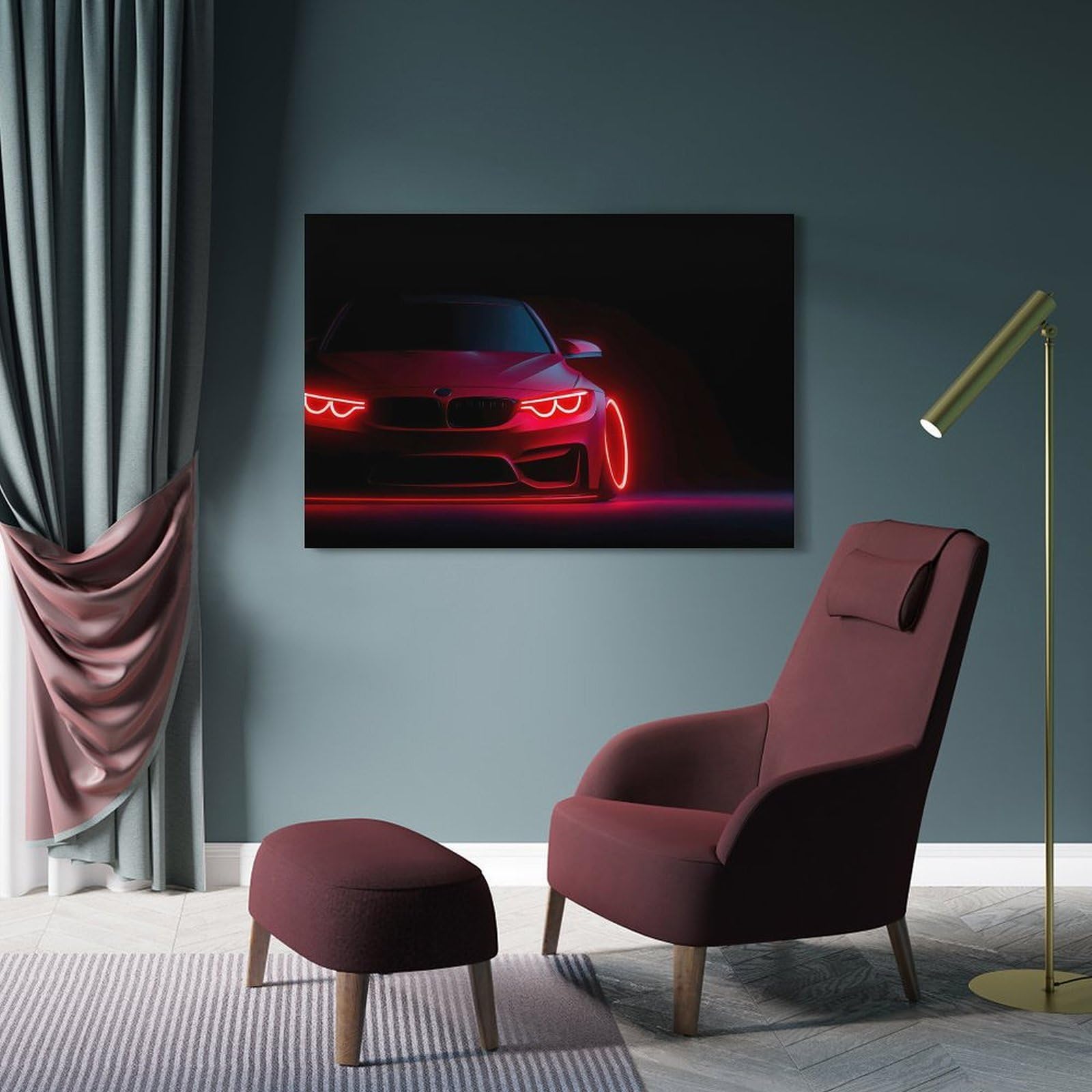 OKAHYS F82 M4 Sportwagen-Poster mit Engelsaugen-Beleuchtung und Schatteneffekten, dekoratives Gemälde, Leinwand, Wandkunstwerk, Bild, 50 x 75 cm