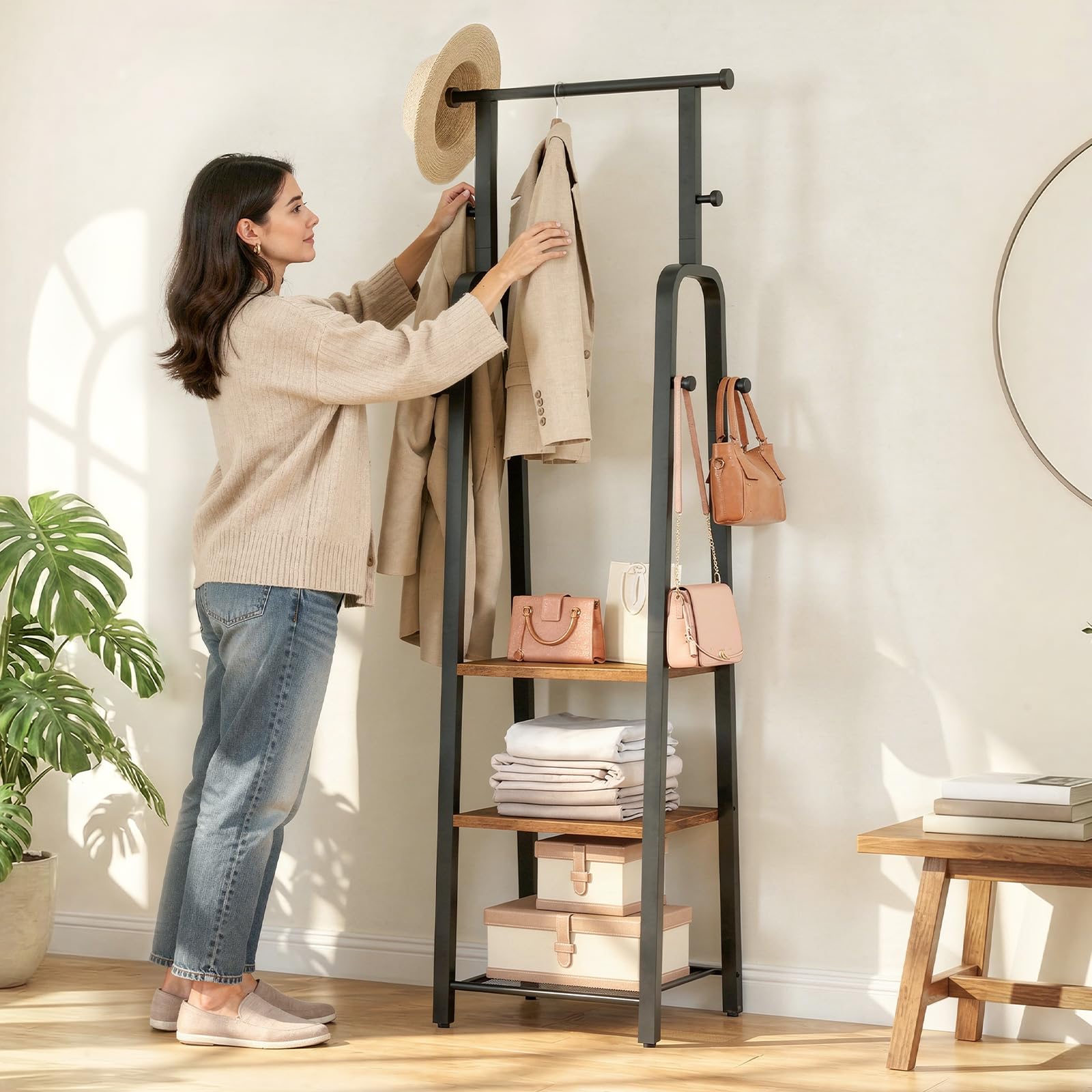 MAHANCRIS Garderobenständer mit Kleiderstange, freistehender Kleiderständer mit 3 Ablagen und 8 Haken, für Mäntel, Taschen, für Eingangsbereich und Schlafzimmer, Schwarz und Vintagebraun ACRHR14901