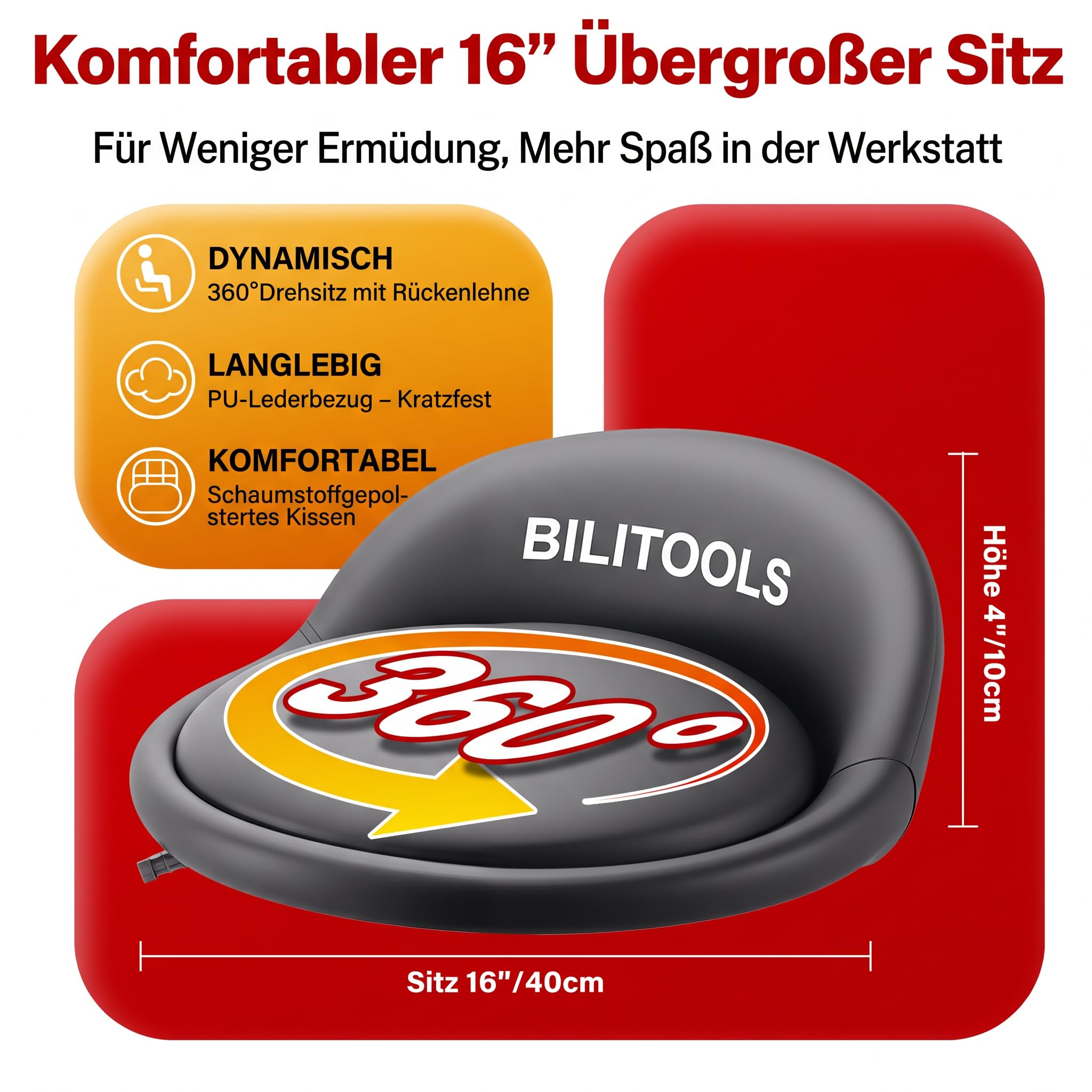 BILITOOLS Werkstatthocker mit Rollen, höhenverstellbar, 150 kg, Rückenlehne