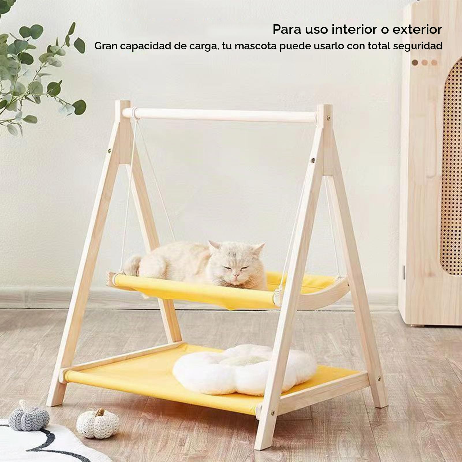Cama Hamaca con Columpio para Gatos, Cama Elevada para Gatos de 2 Capas con Marco de Madera, Soporte de Carga Fuerte, Resistente a los Arañazos, Juguetes de Columpio para