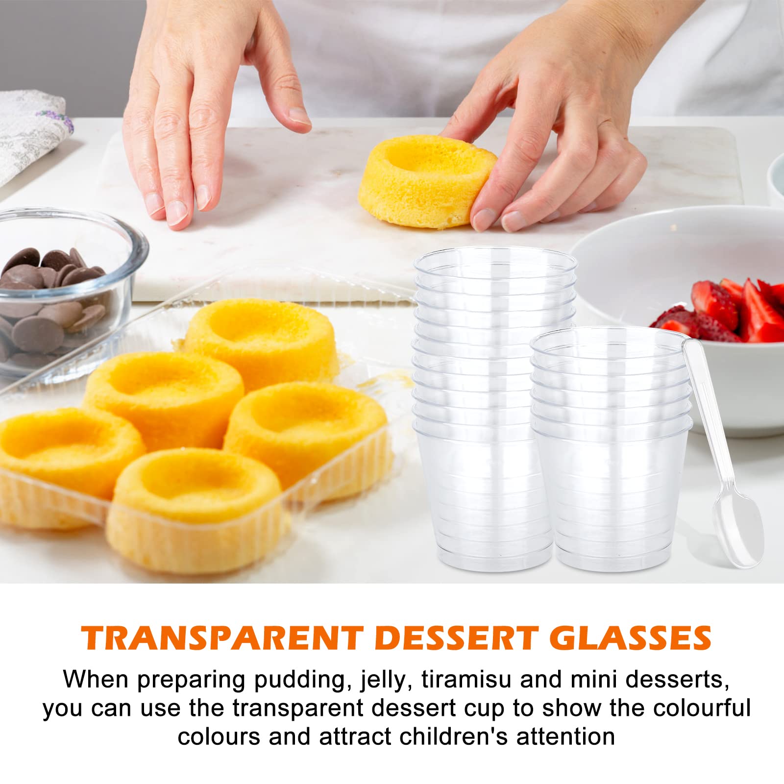 80 stuks dessertglazen met lepels, plastic dessertbekers, 200 ml, doe-het-zelf dessertkommen, helder, herbruikbaar, dessertkopjes, ronde dessertbekers voor mousse, pudding, ijs, buffetten, dessert, picknick