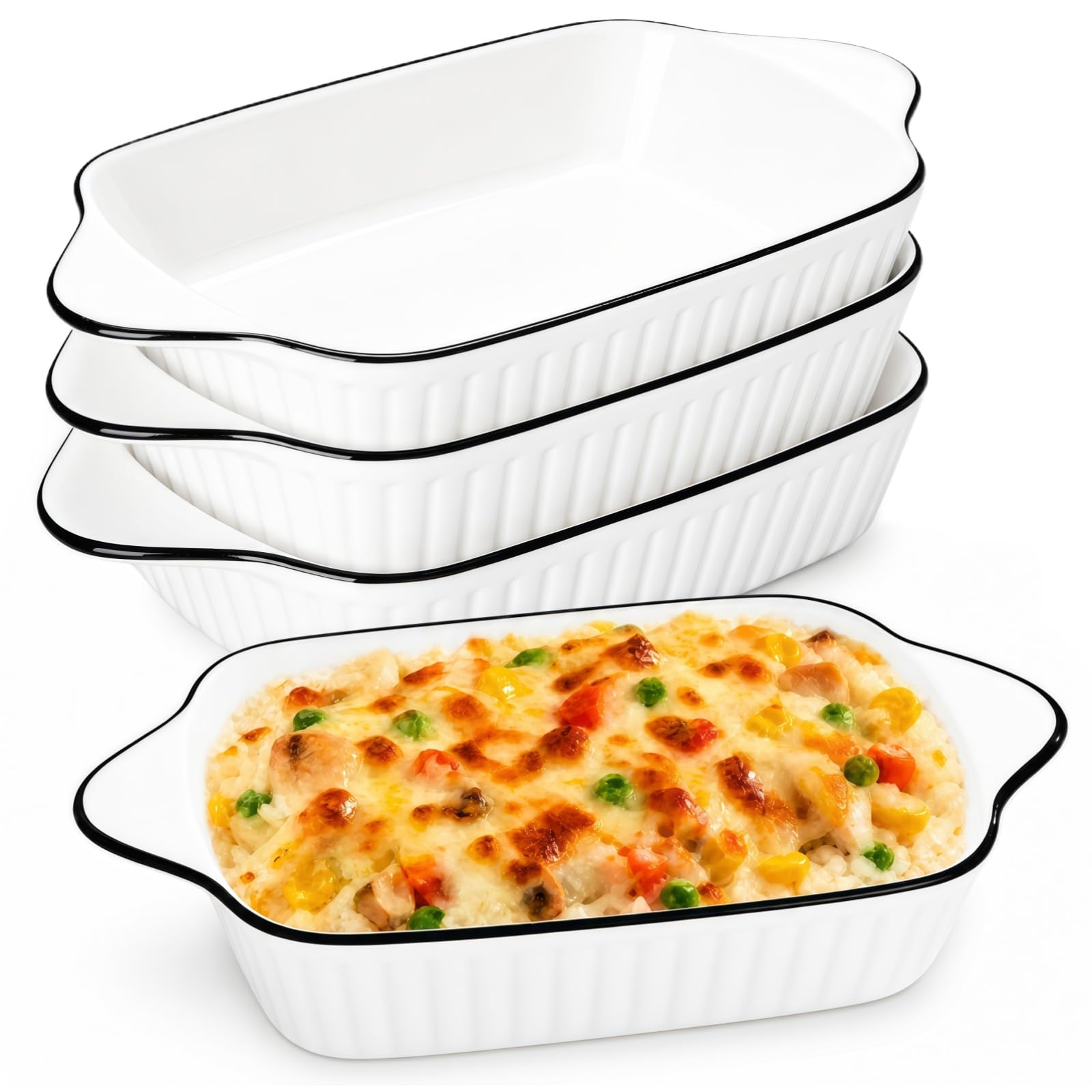 4PCS Ceramic Baking Dishes, Lasagna Baking Dish, 10.5in Rectangular Bakeware with Handles, Oven Dish, Oven Safe & Microwave Safe, for Pudding, Baking, Steak, Pasta, Cooking (4, White)