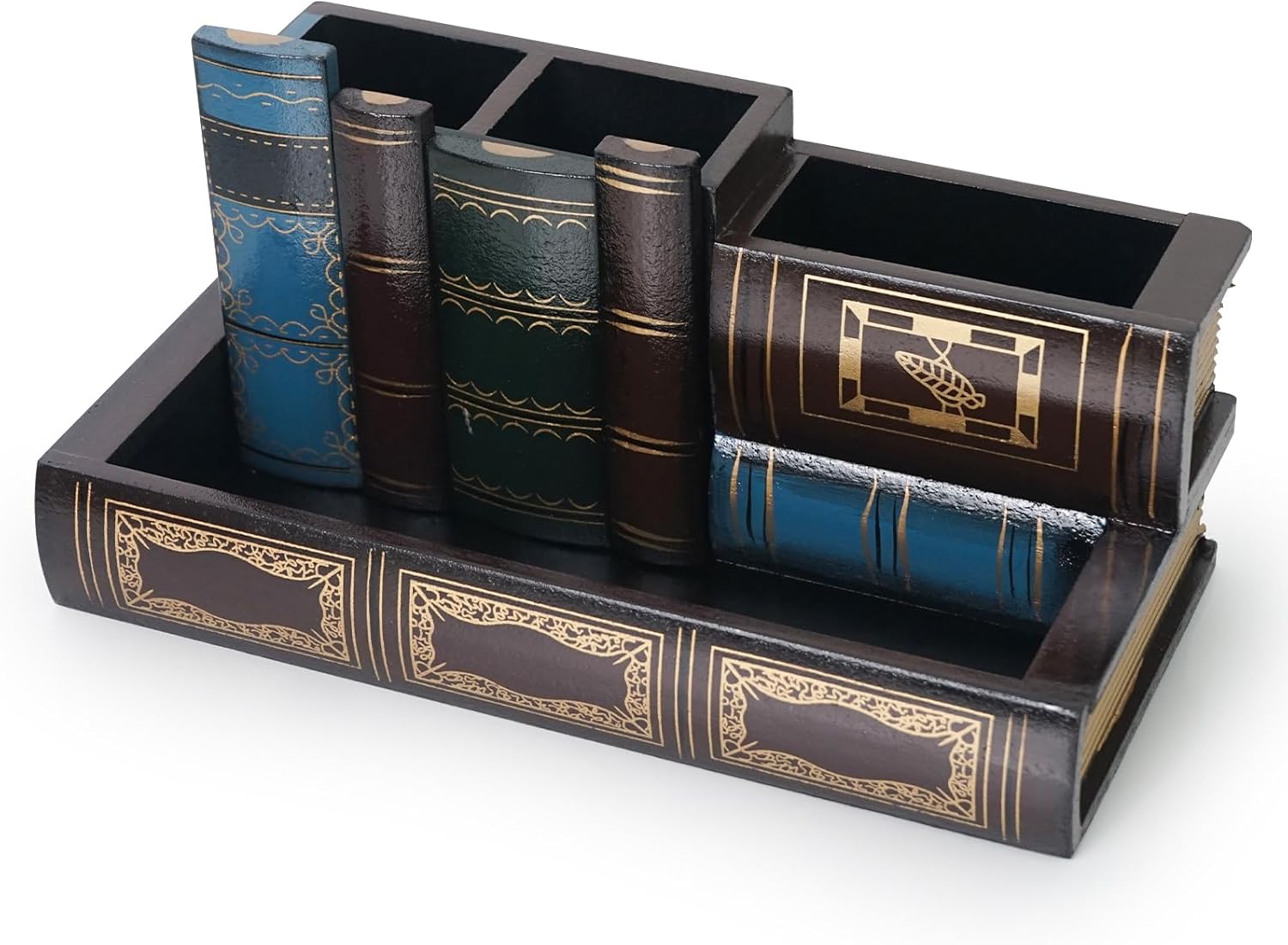 DreamsEden Vintage Pen Holder Library Book Design Wooden Caddy Decorative Pencil Holder Stand Art Craft Desk Organizer for Office Supplies, Shelves, Countertop, Table