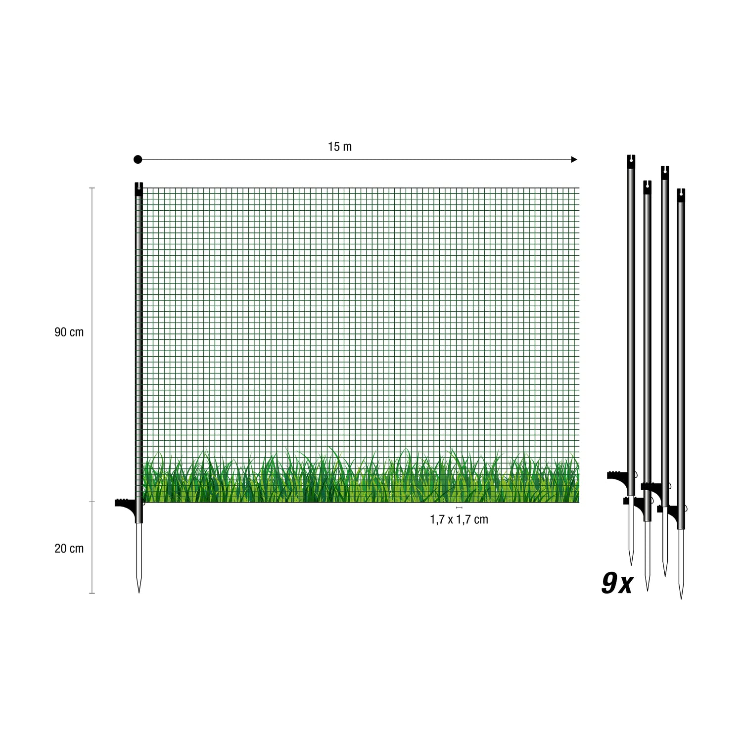 horizont FLEX Ogrodzenie ograniczające, 15 m x 90 cm, o drobnych oczkach, włókno szklane, zielone, mobilne, specjalne ogrodzenie do ogrodu, na kemping