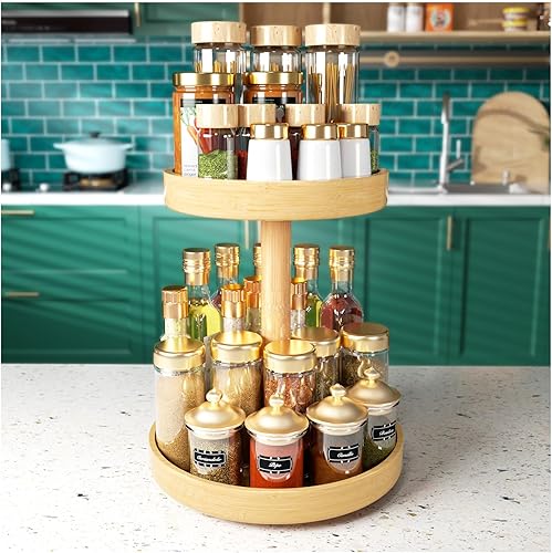 Miniatura 1 de Organizador Lazy Susan de bambú de 2 niveles para cocina, tocadiscos para gabinete, organizador giratorio para gabinete, despensa, cocina, encimera,