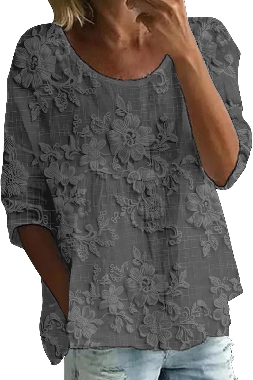 Peasant Blouses for Women Gauze Cotton 3/4 Length Sleeve Loose Fit Casual Boho Tops Summer Floral Lightweight Flowy Tees