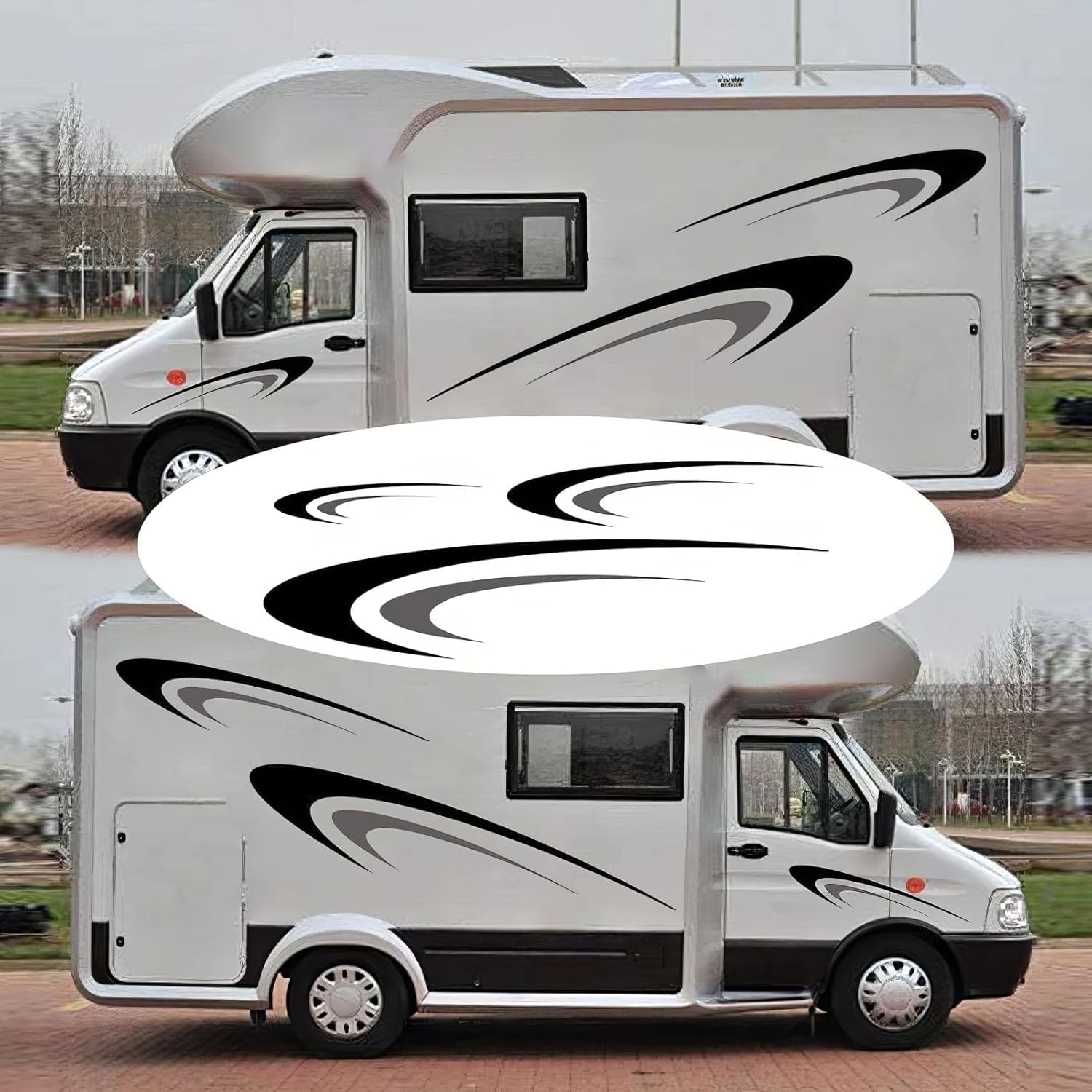 Baceyong 6 piezas gráficas de rayas de vinilo, calcomanías grandes de vinilo para caravana, remolque, autocaravana, pegatinas gráficas, vinilos para furgonetas camper, negro, gris