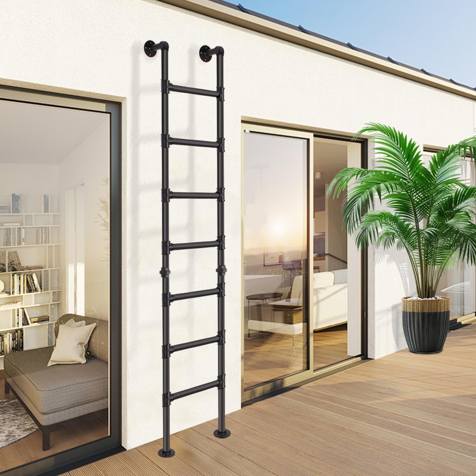 Escalera de litera de 7 peldaños de pared a suelo, escalera de salida robusta para bahía de ventana de bodega, escalera de escalada para ático, dormitorio, terraza, carga máxima 150 kg /215 cm
