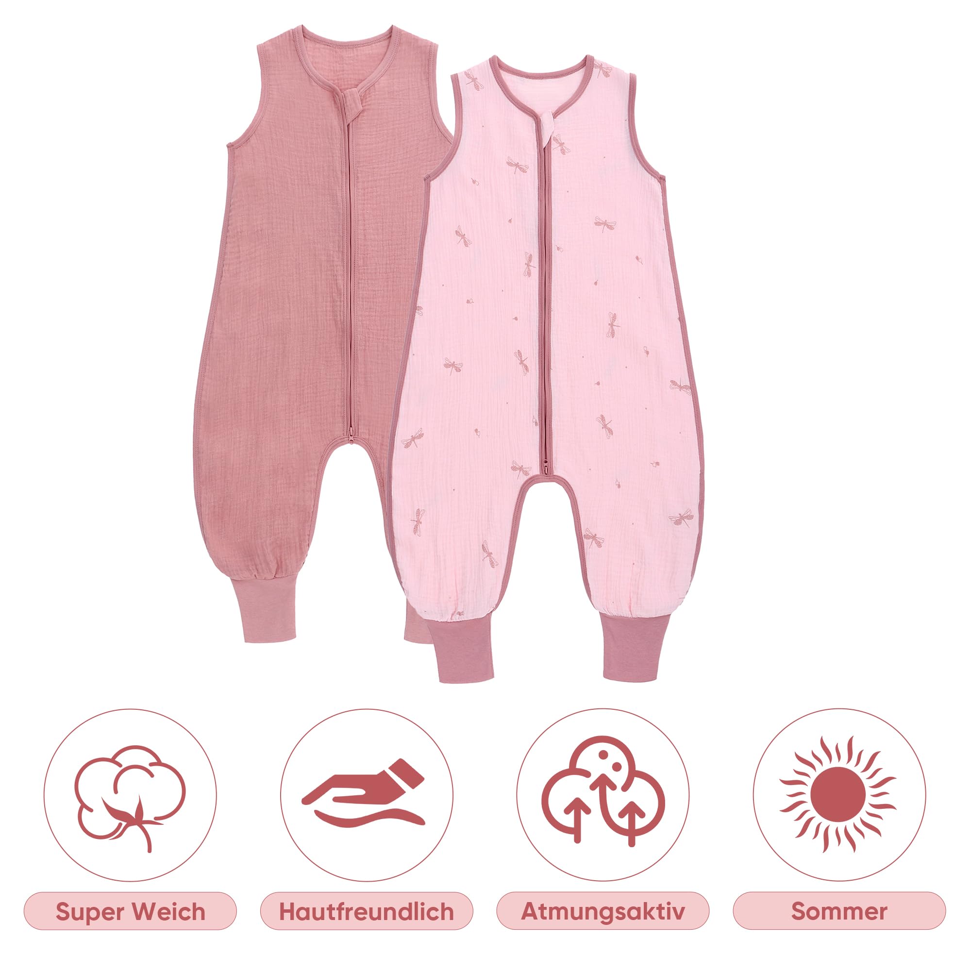 2-pack śpiworek letni dla niemowląt z nogawkami 0,5 Tog 100% bawełna muślin Atmungsaktiv dla chłopców i dziewczynek, ważka, 3-12 M