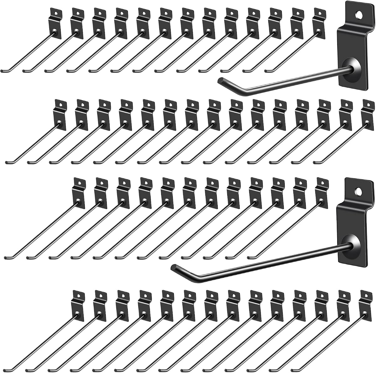 100 Pack Slatwall Hooks Panel Display Hooks Slat Board Peg Accessories Heavy Duty Hanging Shelf Brackets Metal Hangers for Garage Shop Retail Display(6 and 8 Inch,Black)