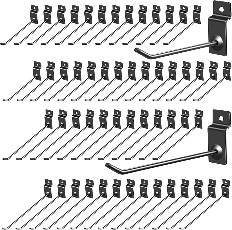 100 Pack Slatwall Hooks Panel Display Hooks Slat Board Peg Accessories Heavy Duty Hanging Shelf Brackets Metal Hangers for Garage Shop Retail Display(6 and 8 Inch,Black)