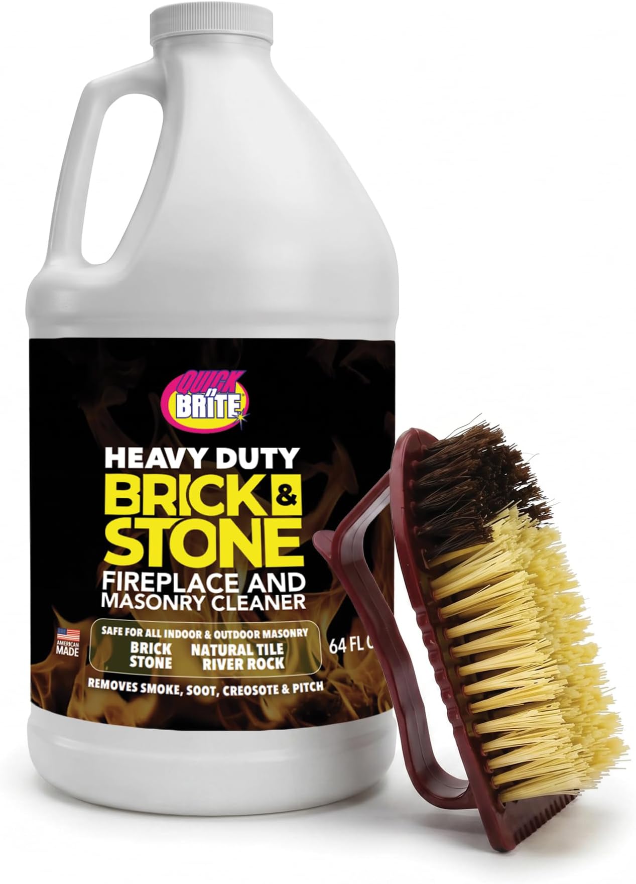 Quick 'n Brite Fireplace Brick and Stone Cleaner 64oz - Natural Stone, Tile, and Marble Cleaner with Scrub Brush - Indoor Fireplace and Wood Stove Cleaning Kit - Pellet Stove Creosote Remover