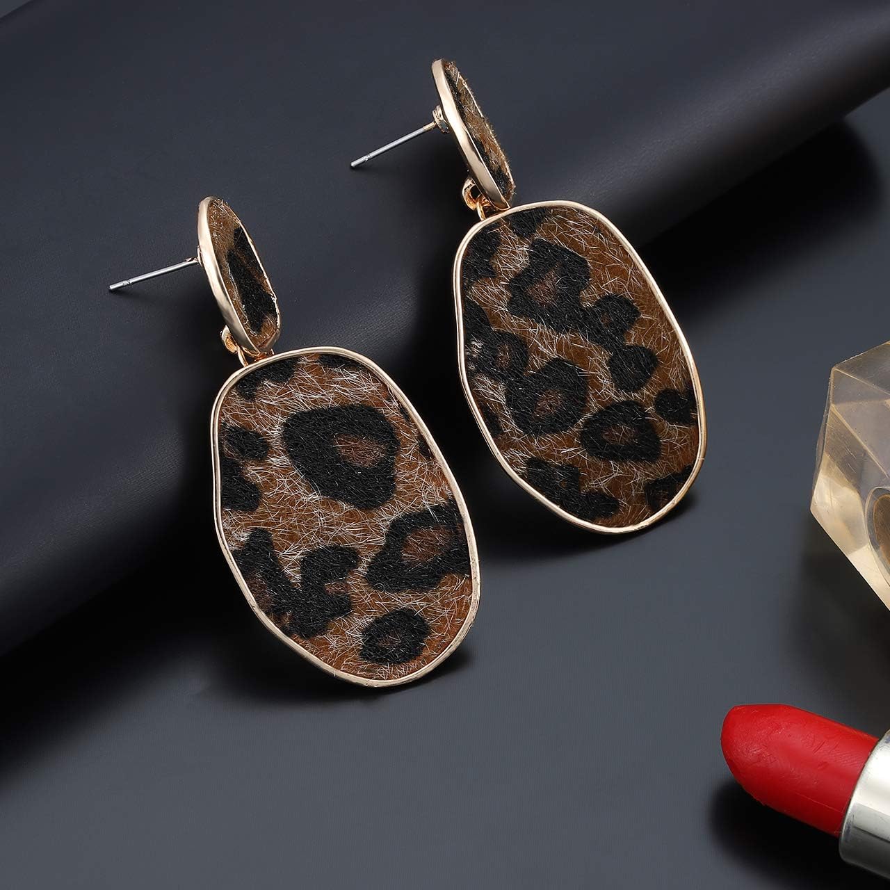 HEIDKRUEGER Leopard Print Earrings Lightweight Geometric Faux Leather Drop Dangle Earring Statement Animal Print Stud Earring for Women - Image 3