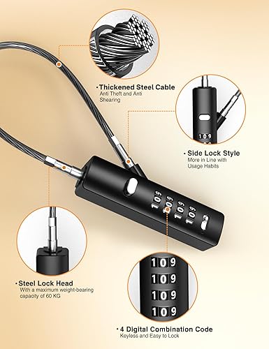 Miniatura 4 de Cerradura de equipaje con cable combinado de 4 dígitos con 3 cables de acero intercambiables, Negro -, 1 paquete, Moderno