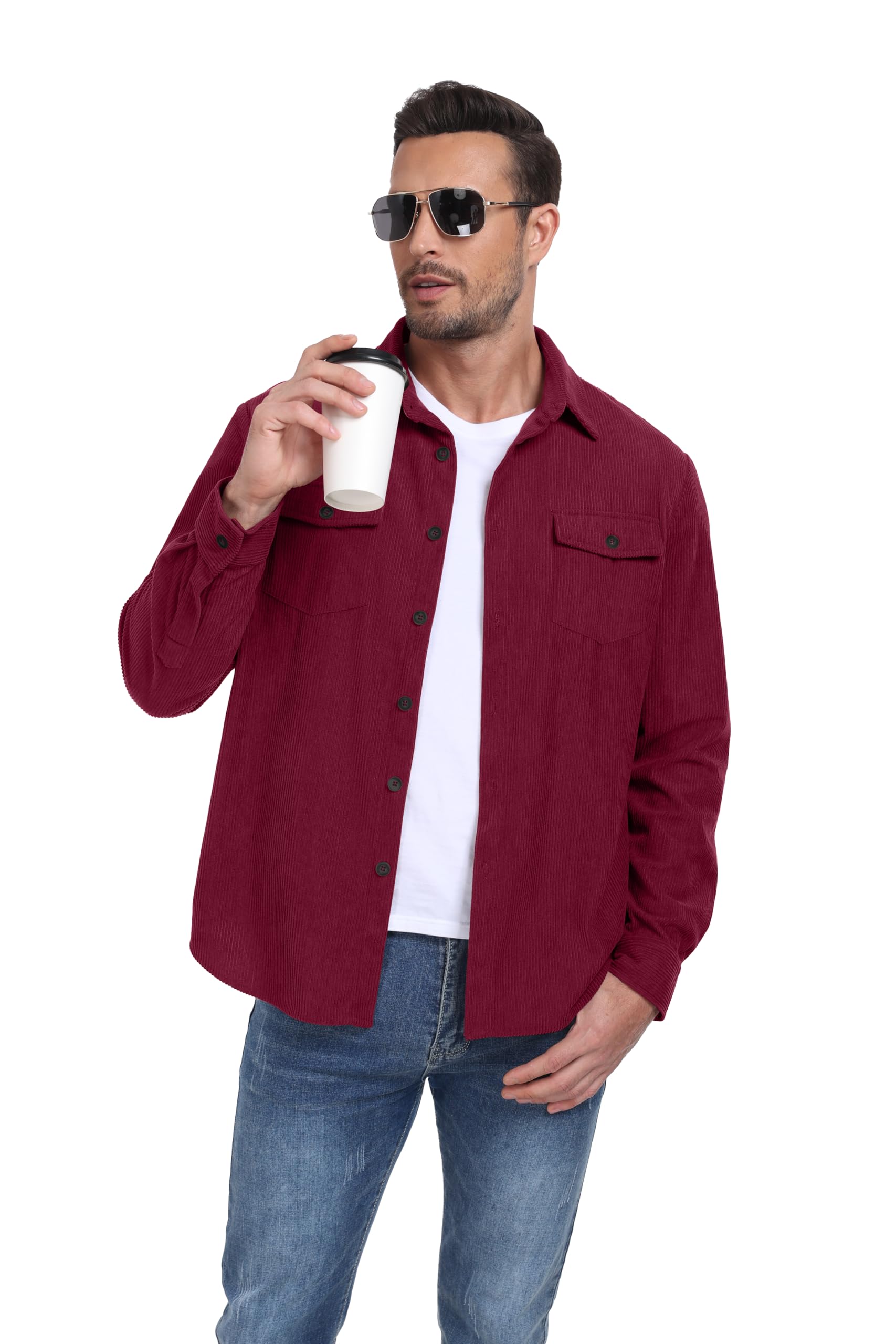 QIXING Camicie da uomo in velluto a coste con bottoni a maniche lunghe, giacca da camionista autunno inverno cappotti con tasche con patta