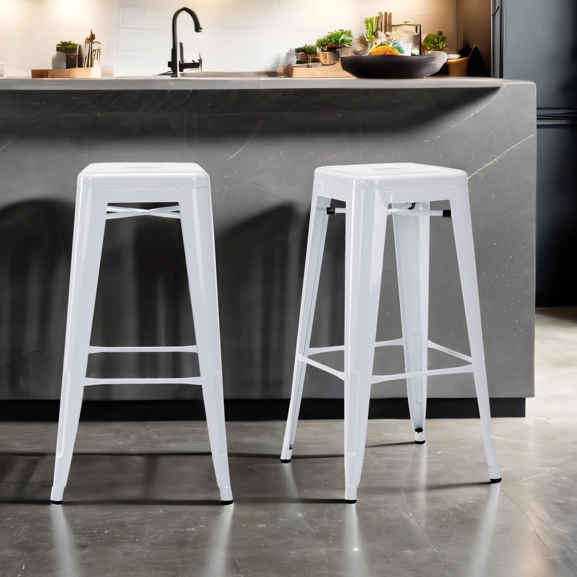 DUHOME Tabouret de Bar Industriel Chaise Salle à Manger Lot de 4 Tabouret Empilables Siège Bistrot Cadre en Métal pour Cuisine Restaurants (Blanc, 76cm)