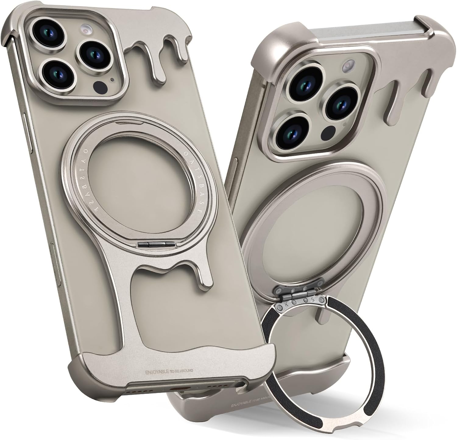 OATSBASF Frameless Bumper Case for iPhone 16 Pro Max 6.9" Case, Metal Kickstand 360° Rotatable Magnetic Stand, Minimalist Aluminum Bumper Protective, Bezel Less Slim Shockproof, Natural Titanium