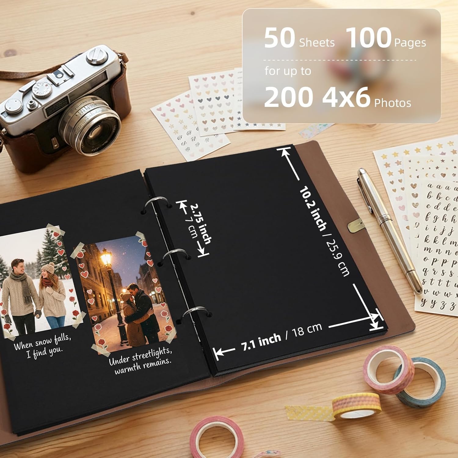 Vienrose Photo Album Scrapbook Kit, 3 Ring Faux Leather Cover DIY Memory Book Kraft Paper with 50 Sheets 100 Pages, Vintage Scrapbooking Supplies Set for Wedding, Anniversary, Valentine Gifts, Black