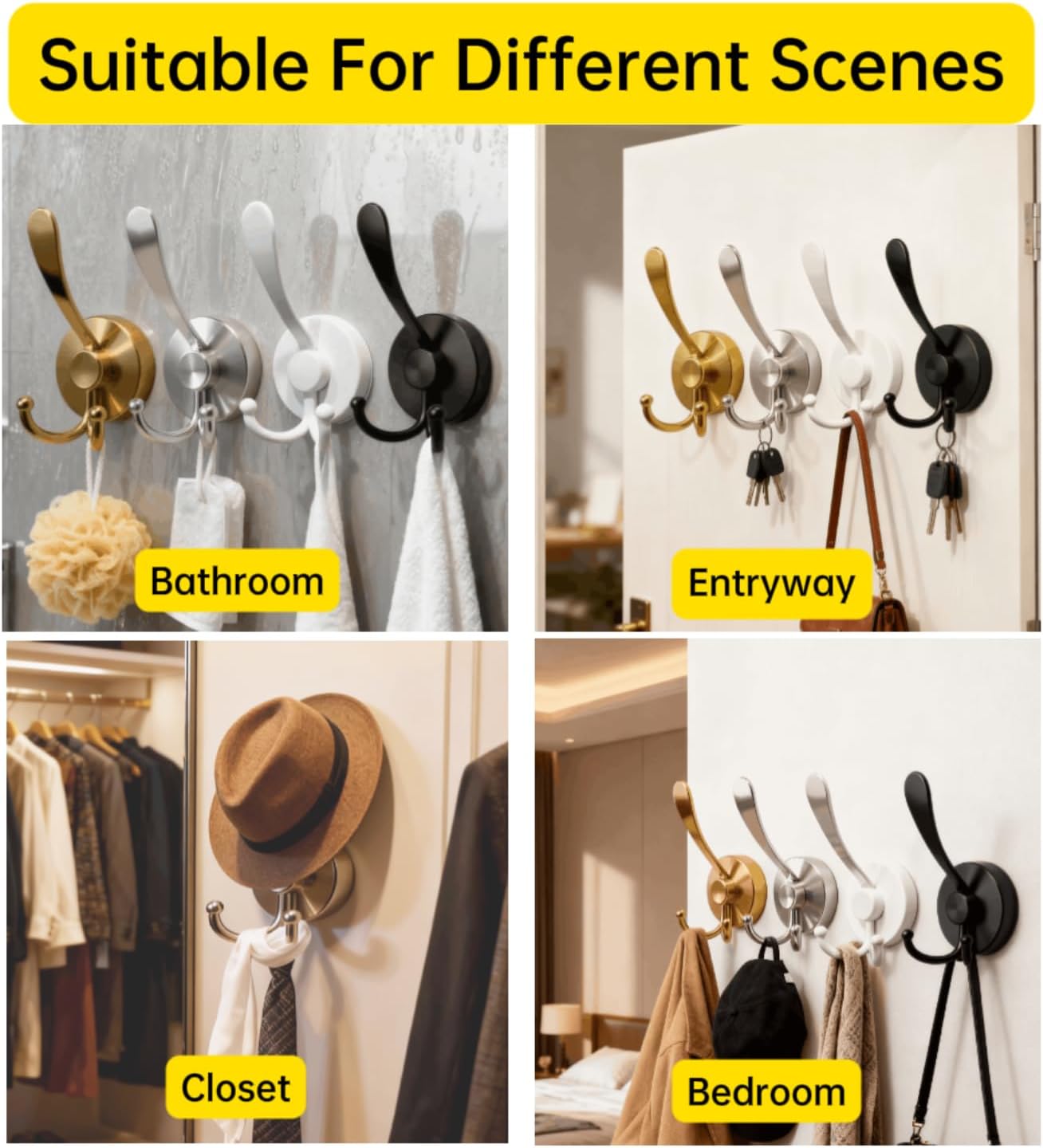 WSHSTS 3-Hook Suction Cup Hooks for Shower,Bathroom - Heavy Duty, Removable,Waterproof, No Drill Holds Towels, Robes, Wreath on Glass, Tile, Mirror, Door (No Damage, No Residue)