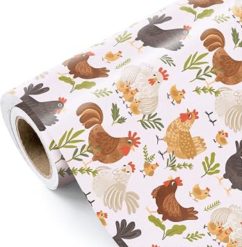 WRAPAHOLIC Chick Wrapping Paper Roll - Mini Roll - 17 Inch x 16.5 Feet - Cute Pink Chicken Farm Wrapping Paper for Birthday, Baby Shower, Country Present Wrapping