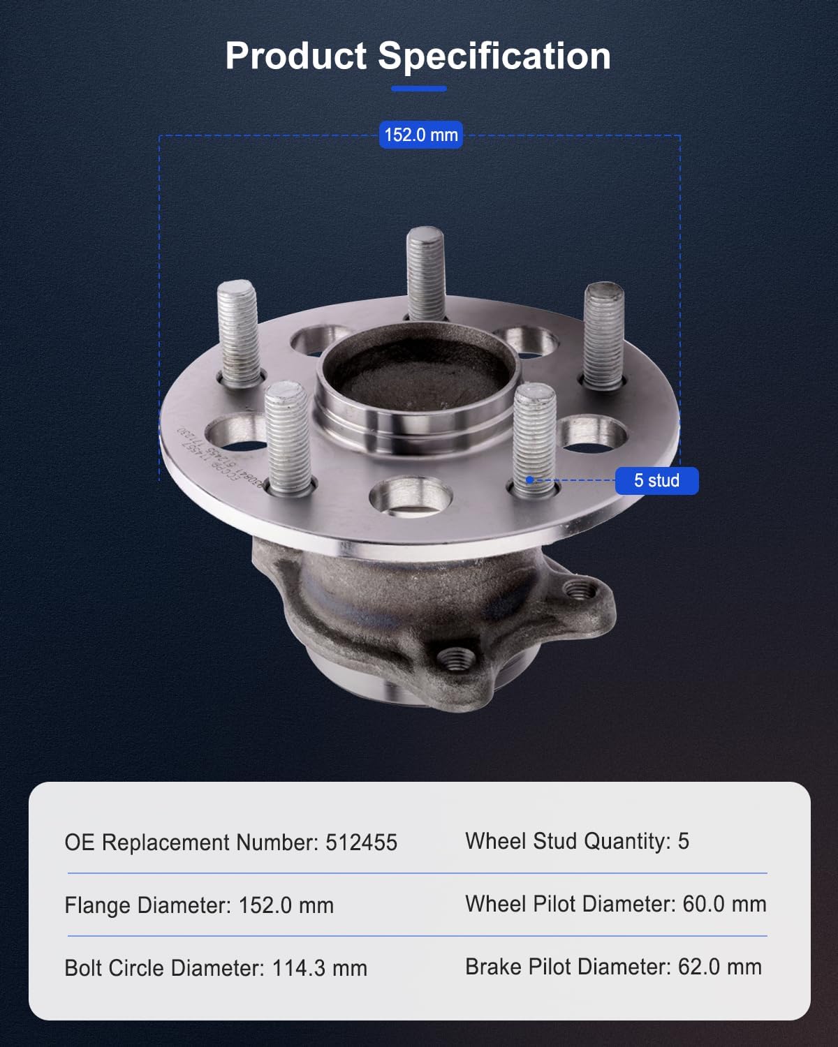 ECCPP Wheel Hub and Bearing Assembly Right Rear 512455 fit for Toyota Avalon 2013-2018,for Toyota Camry 2012-2017 5 Lugs Wheel Bearing Hubs with ABS 2pcs