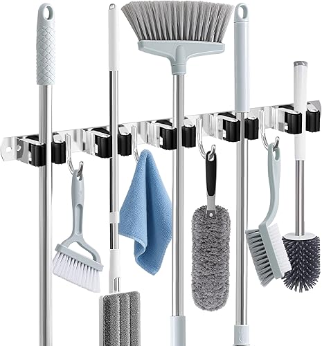 Miniatura 1 de HANZENMA Soporte de pared para escoba, organizador de escoba de acero inoxidable y colgador de trapeador, organización de almacenamiento resistente