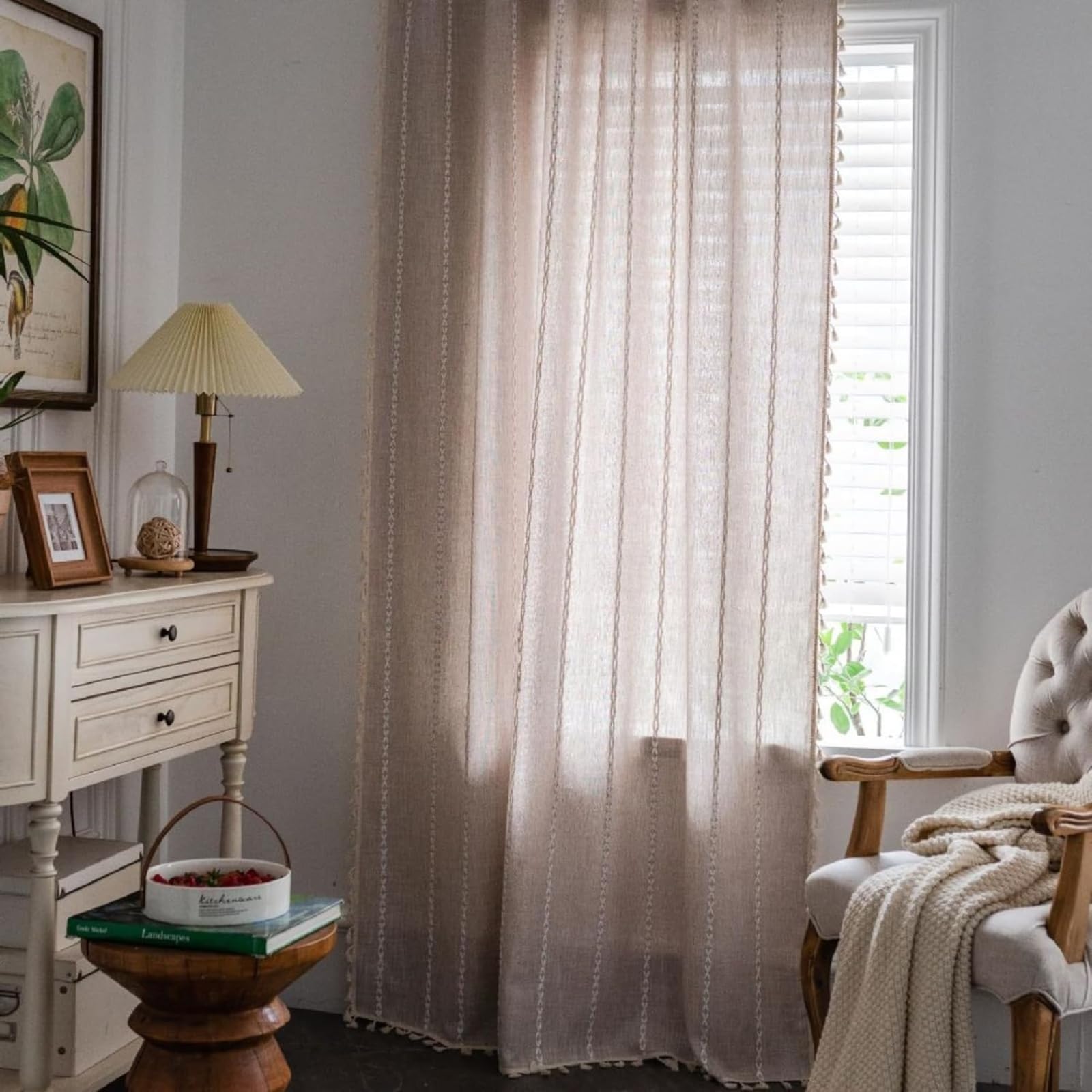 USTIDE Boho Curtains for Bedroom Living Room 71 Inches Long Farmhouse Semi Blackout Curtains Cotton Linen Embroidery Window Curtain Panel - Image 2