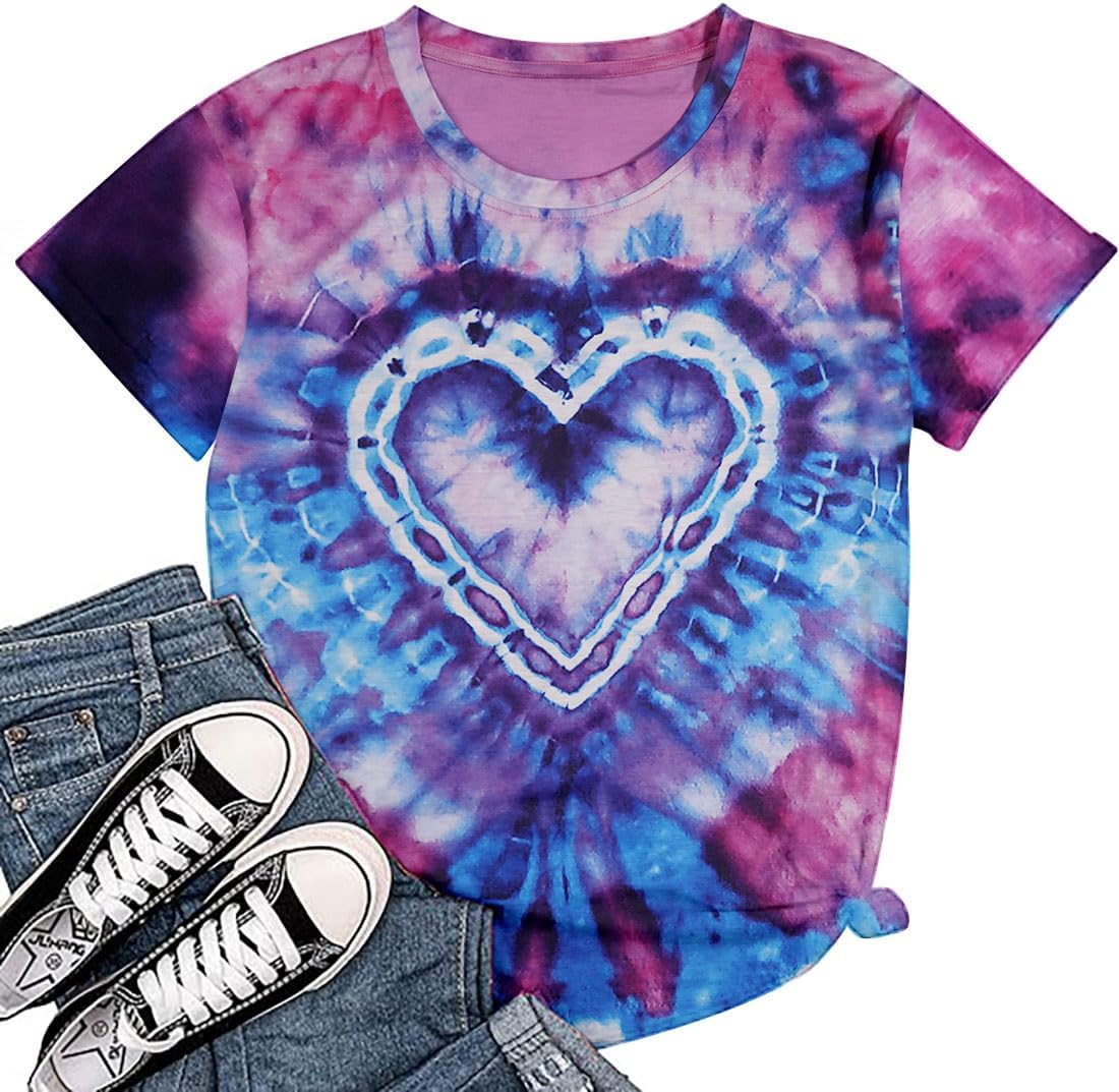 Valentine Shirt Women Tie Dye Heart Graphic Tee Shirt Casual Short Sleeve Lover Gift Tee Tops